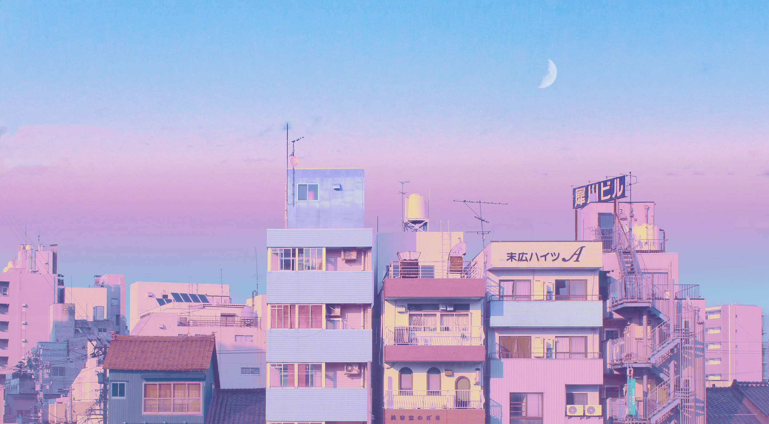Gebäude, Japan, Mondsichel, Pastellfarben, Anime-Stil, Full HD, Desktop-Hintergrund für Windows