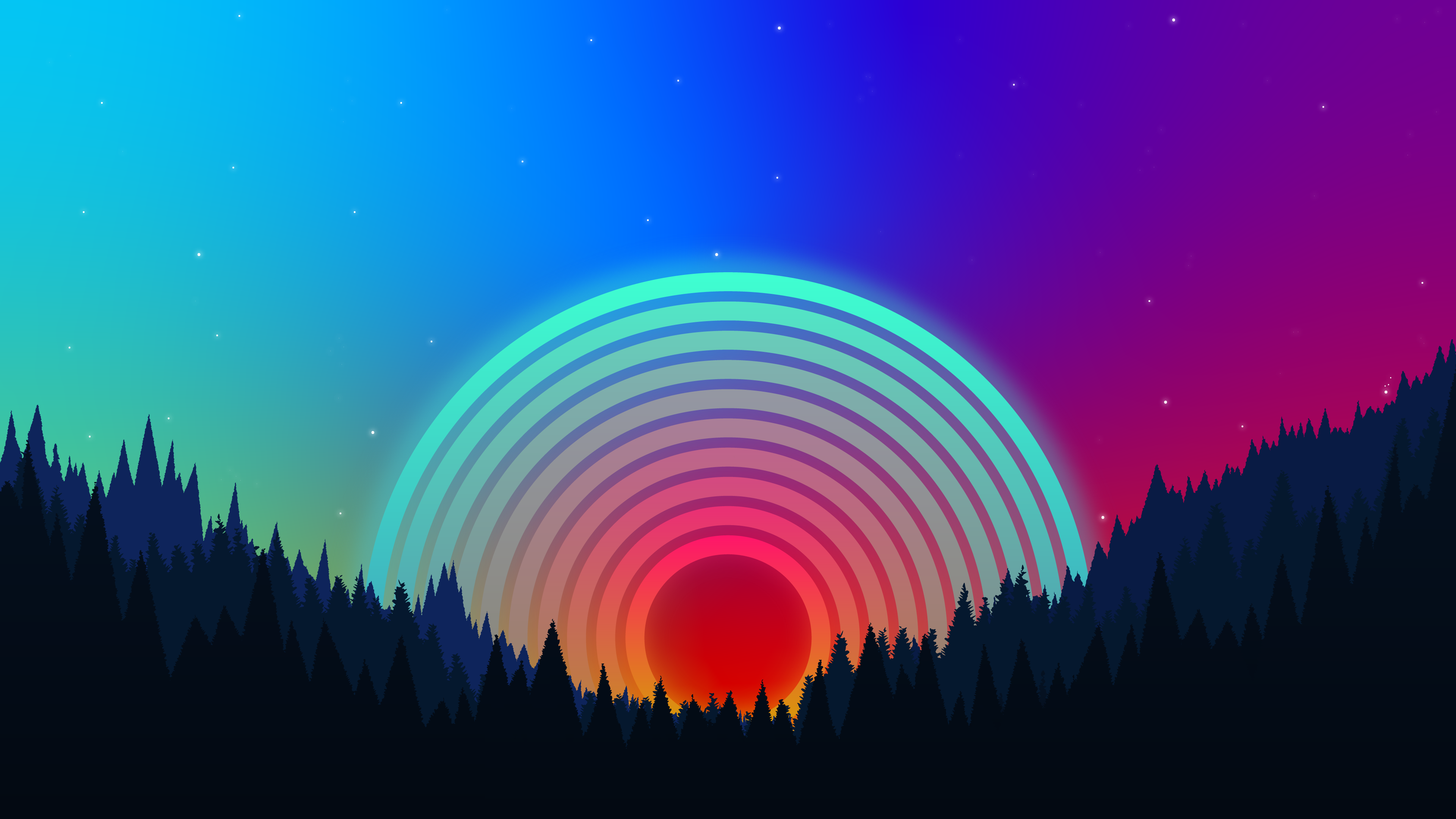Retrowave, Neon-Bögen, Wald, Sonnenuntergang, Farbverlauf, 4K, Laptop-Hintergrundbild