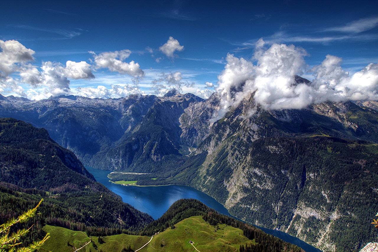 Alpen, Bergsee, Felswände, Wolken, Tal, HD, Hintergrundbild für den PC
