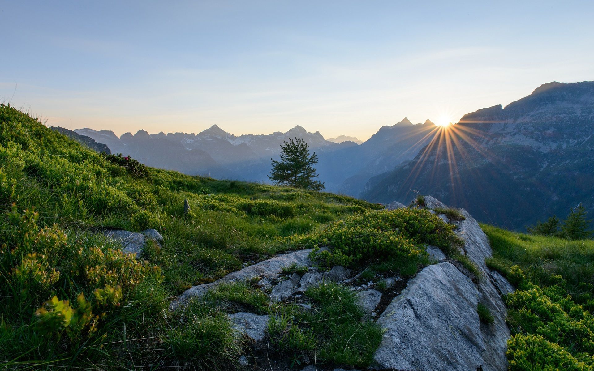Alpen, Sonnenstern, Bergwiese, Felsen, Sonnenuntergang, 16:10, Full-HD-Hintergrundbild für den Desktop