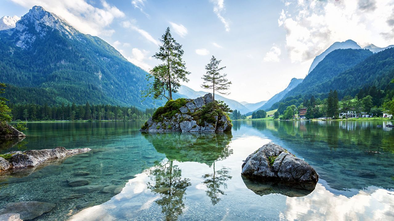 Hintersee, Berchtesgadener Land, Bayern, Felsinsel, Spiegelung, HD, Laptop-Hintergrundbild