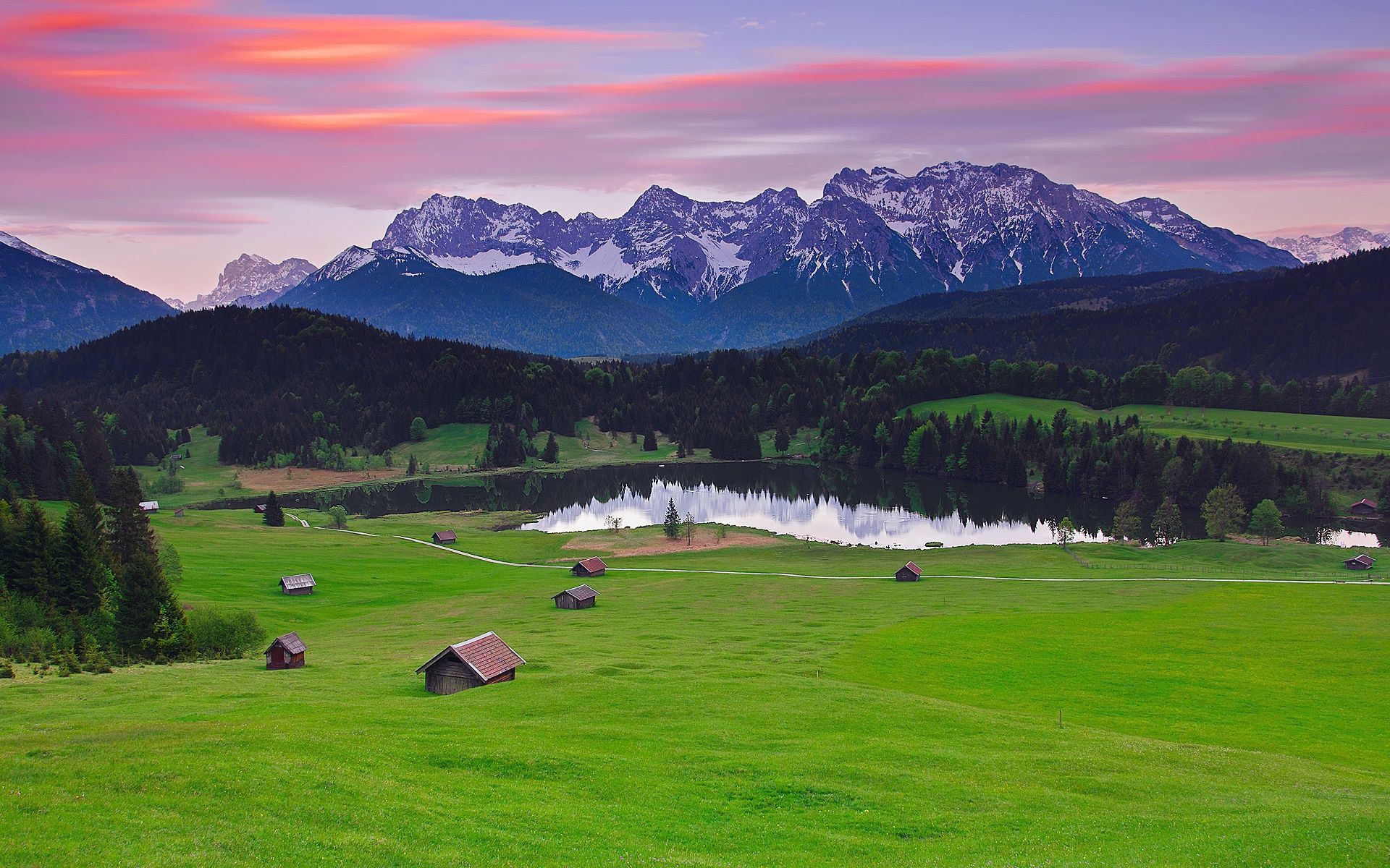 Geroldsee, Karwendel, Bayern, Heustadel, Wiese, Abendrot, Full HD, Laptop-Hintergrundbild