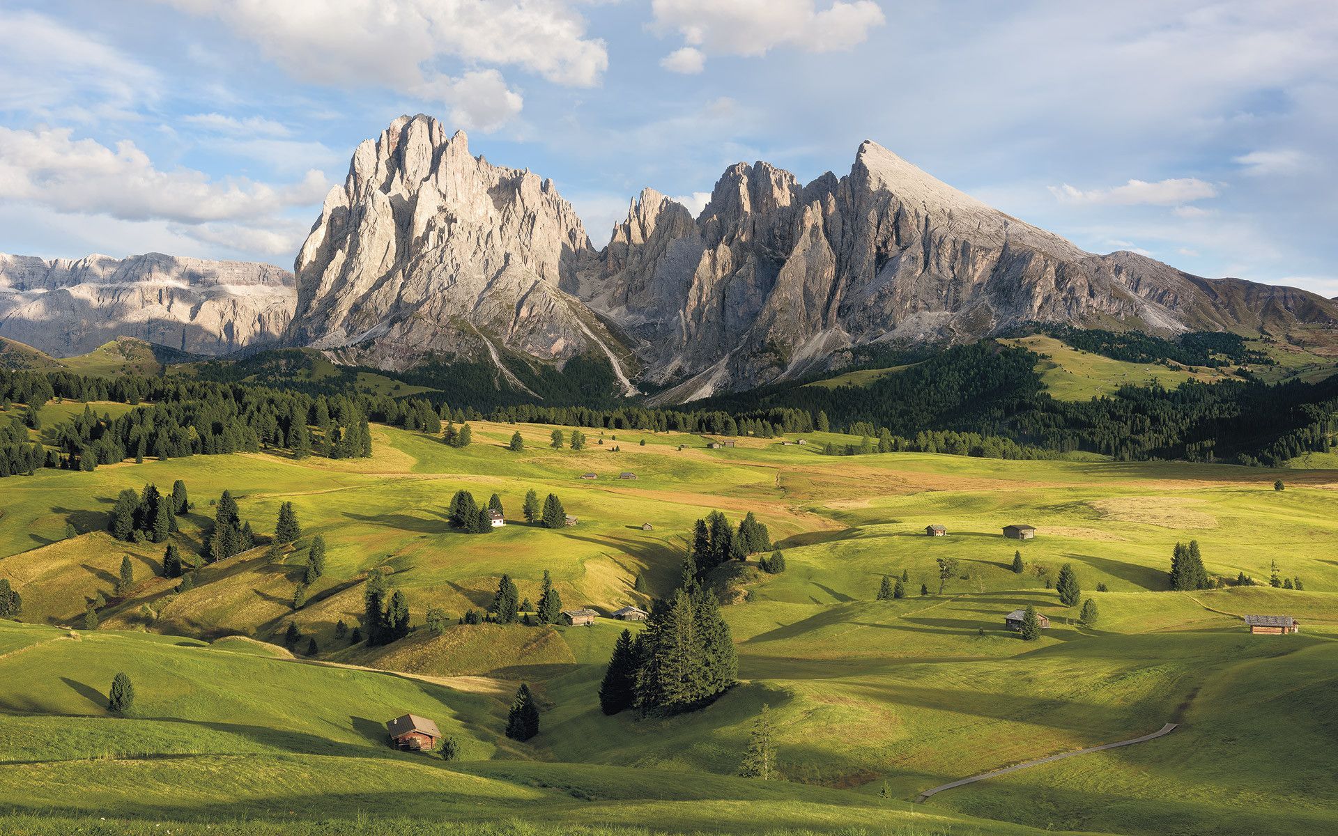 Seiser Alm, Langkofel, Plattkofel, Dolomiten, Südtirol, Almwiese, Full HD, Windows-Hintergrundbild