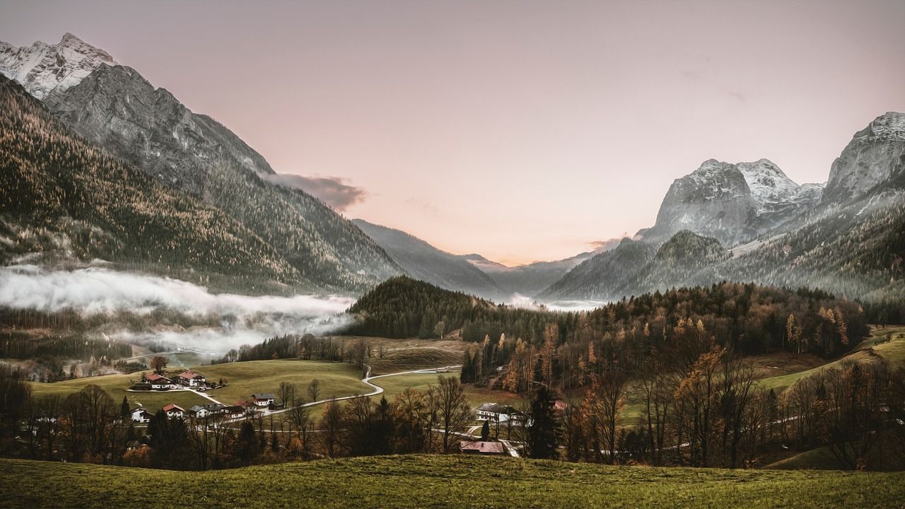 Alpen, Tal, Nebel, Herbst, Dorf, HD, Hintergrund für den Desktop