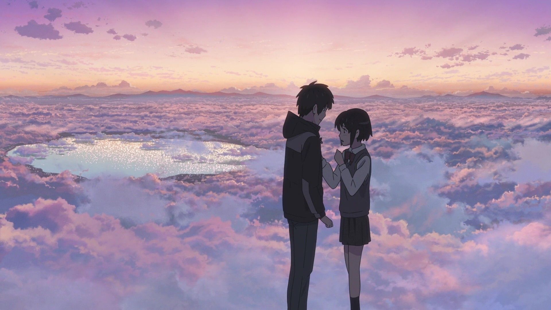 Anime-Paar, Wolkenmeer, Sonnenuntergang, Romantik, Himmel, Full HD, Windows-Hintergrundbild