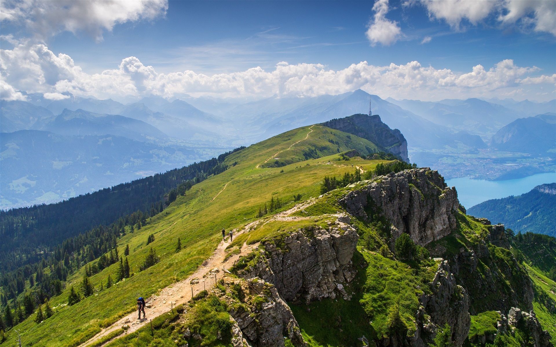 Alpen, Bergkamm, Wanderweg, Wanderer, See, Aussicht, 16:10, Full-HD-Hintergrundbild für den Desktop