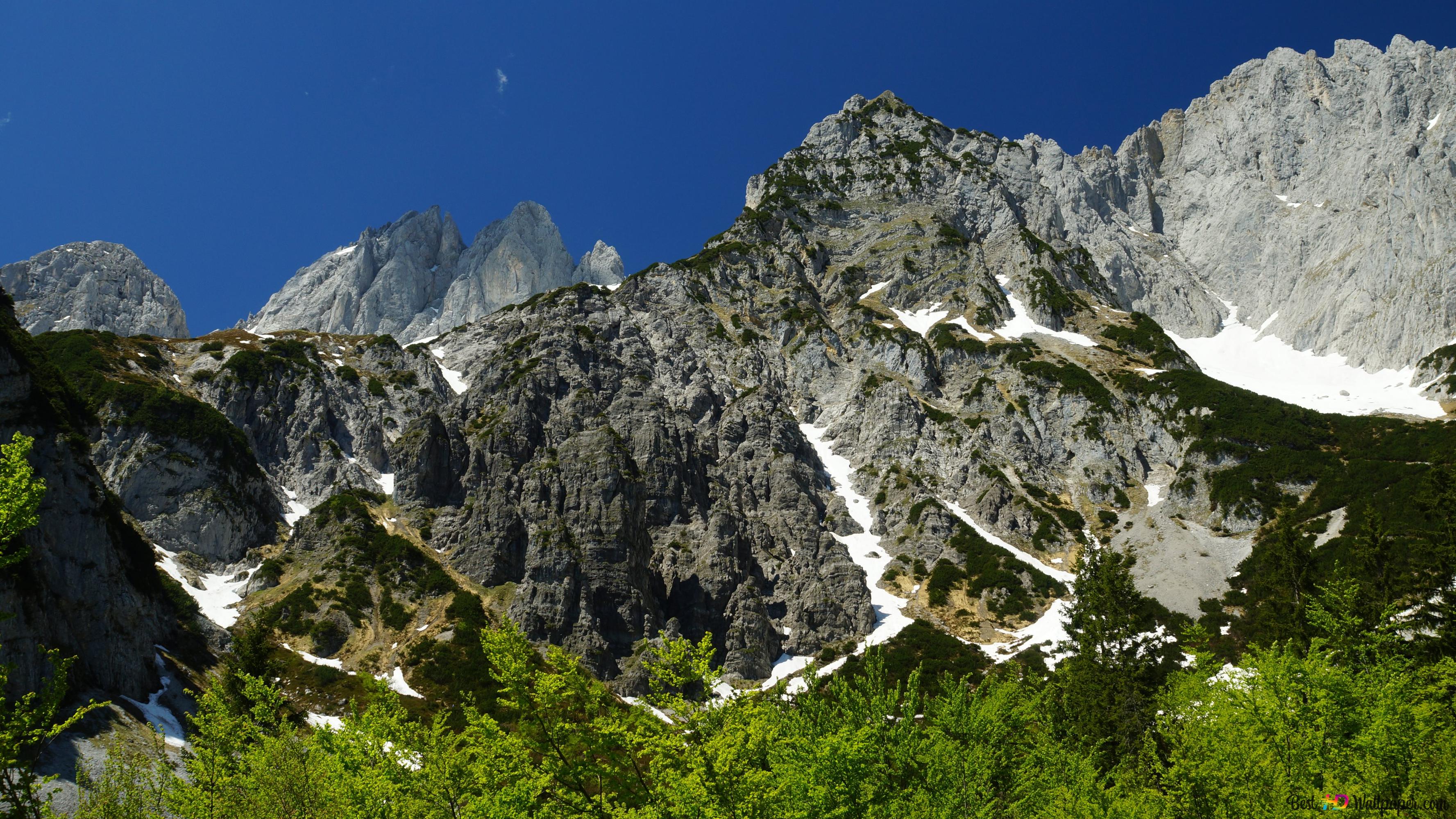 Alpen, Felsgipfel, Kalkstein, Schneefelder, Blauer Himmel, 2K, Desktop-Hintergrund