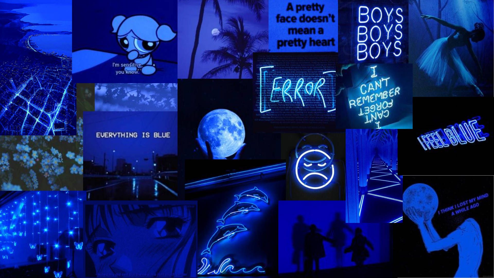 Collage, Blaue Ästhetik, Neon, Powerpuff Girls, Dunkelblau, 1920x1080, PC-Hintergrundbild