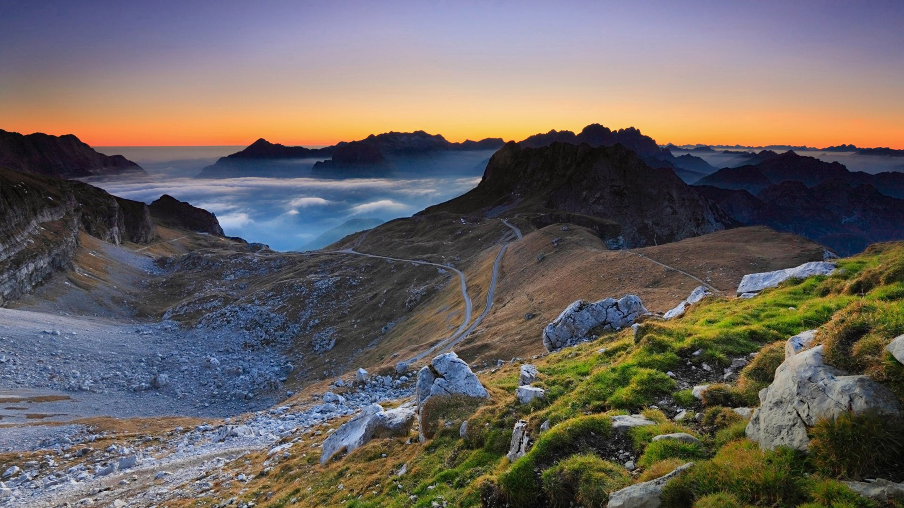 Alpen, Nebelmeer, Sonnenuntergang, Hochplateau, Felsen, 4K, Hintergrund für den Desktop