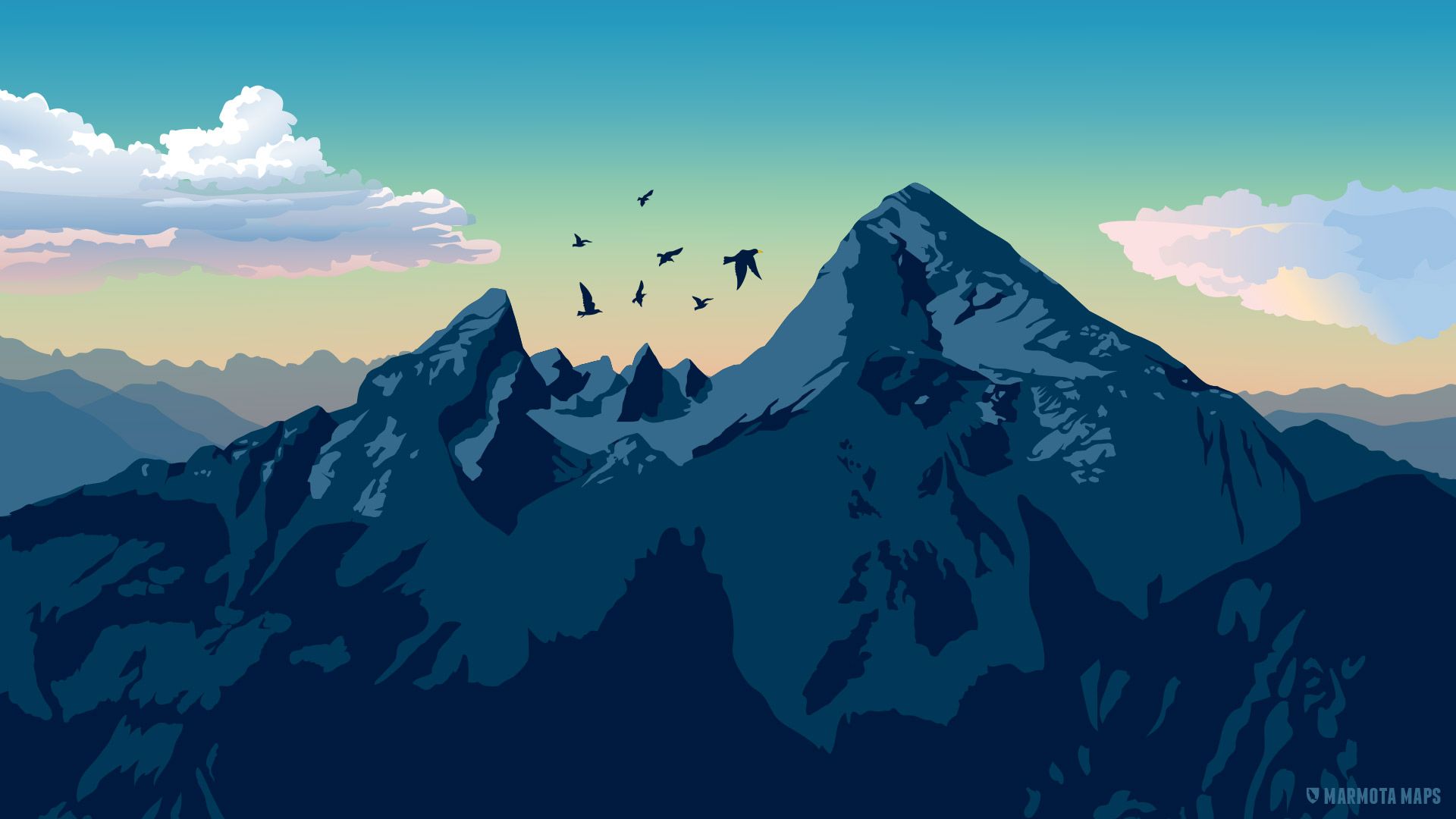 Illustration, Berggipfel, Vögel, Flat Design, Blau, 1920x1080, Full-HD-Hintergrundbild für PC