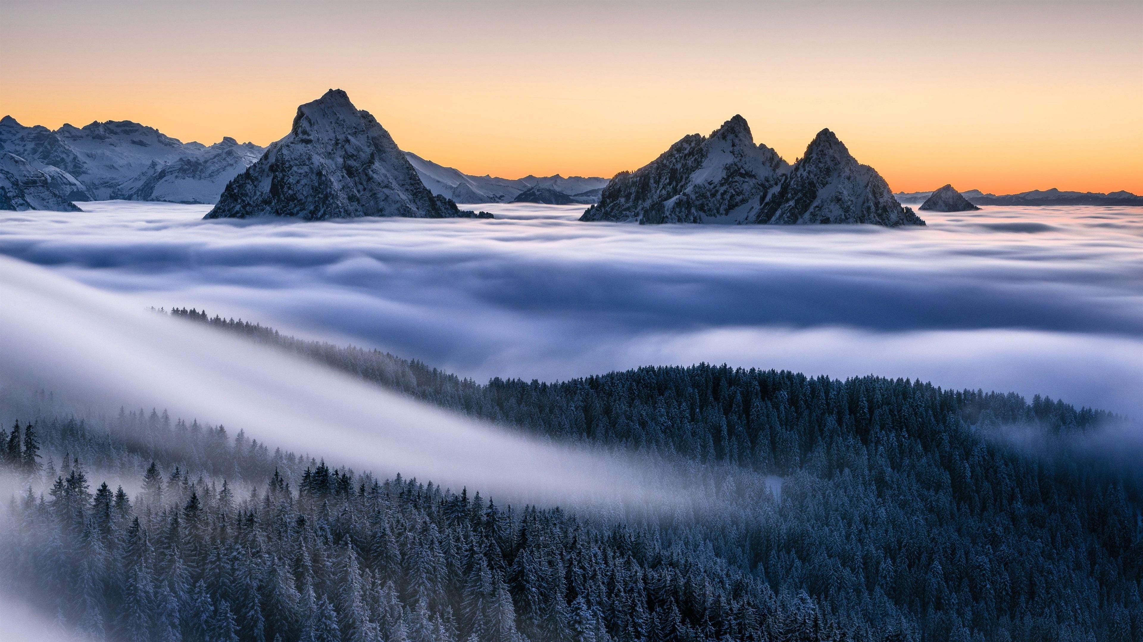Alpen, Nebelmeer, Felsgipfel, Abenddämmerung, Wald, 4K 2160p, Desktop-Hintergrundbild