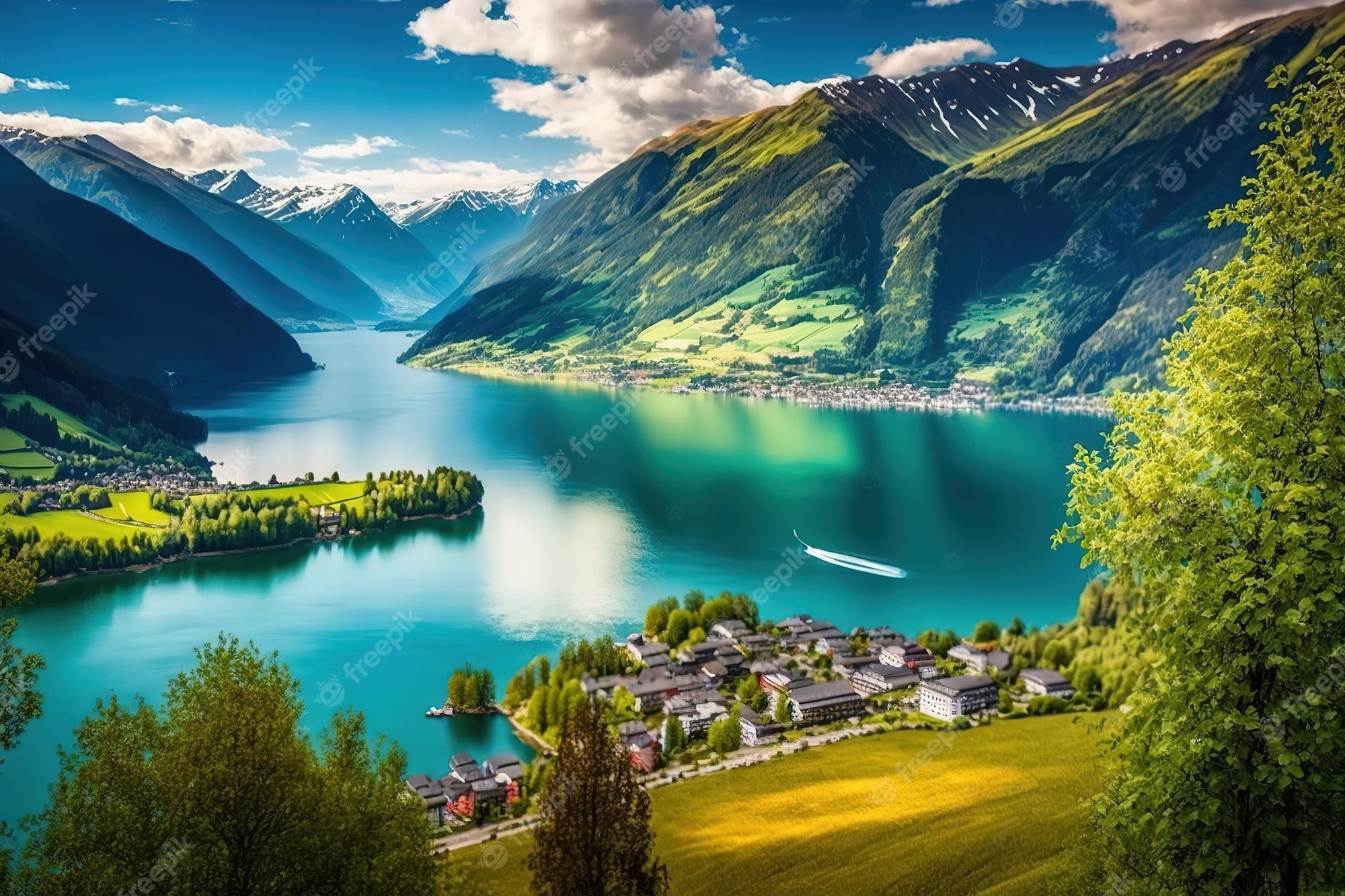Alpen, Bergsee, Türkis, Dorf, Tal, Full HD, Desktop-Hintergrund für Windows