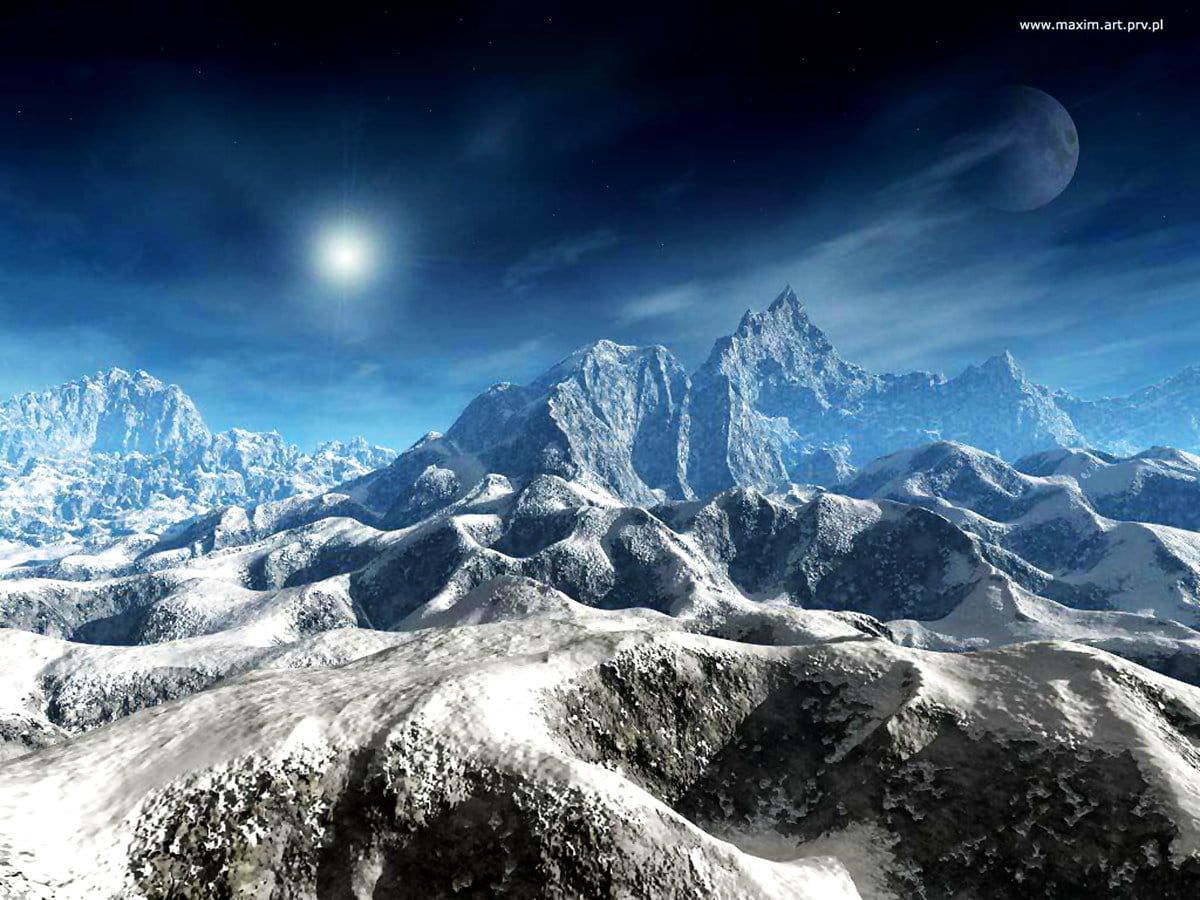 Digitale Kunst, Schneegebirge, Sternenhimmel, Planet, Fantasy, Hintergrundbild fürs Tablet