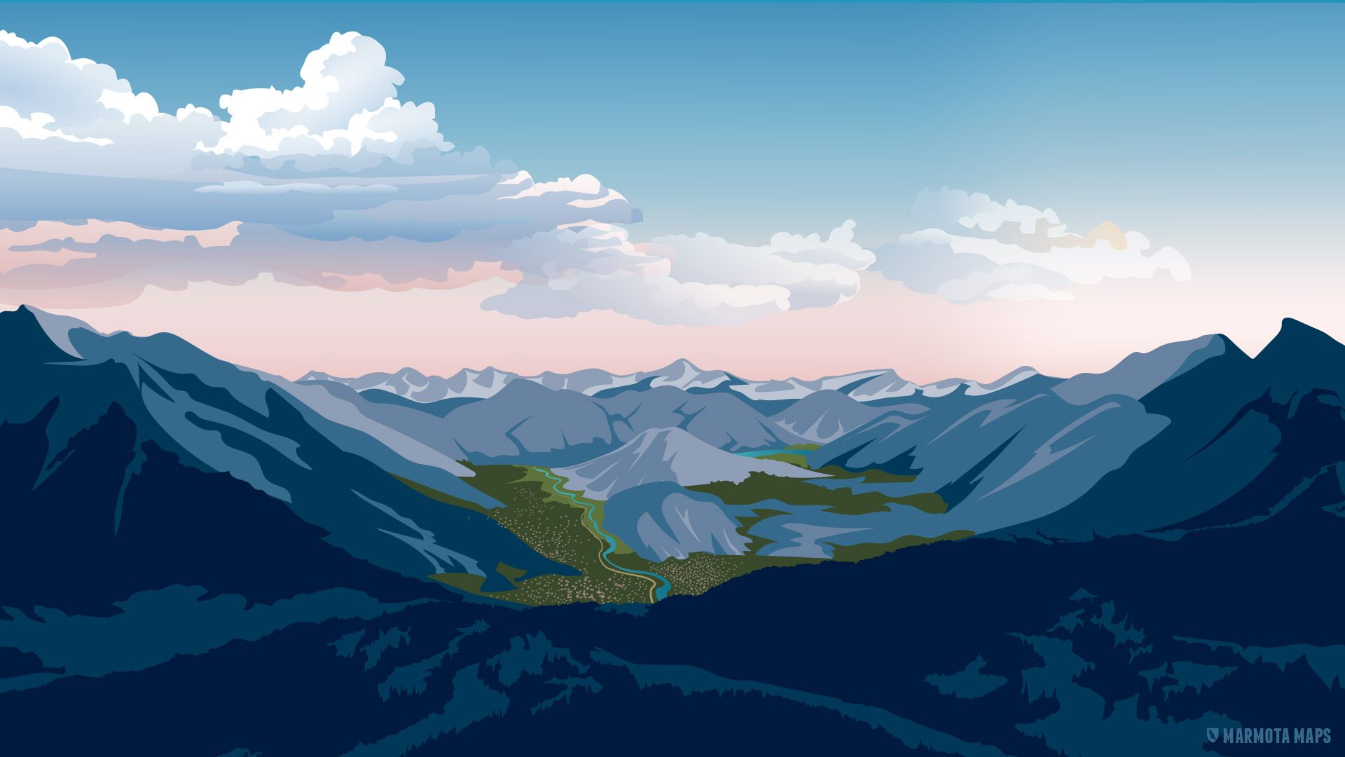 Berge, Vektorgrafik, Tal, Minimalistisch, Blau, 1920x1080, Full-HD-Hintergrundbild für PC
