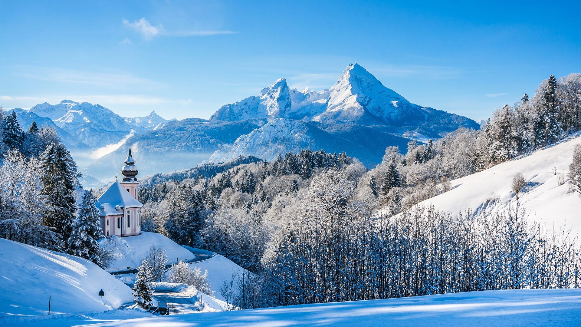 Maria Gern, Watzmann, Berchtesgadener Land, Wallfahrtskirche, Winter, 1920x1080, PC-Hintergrundbild