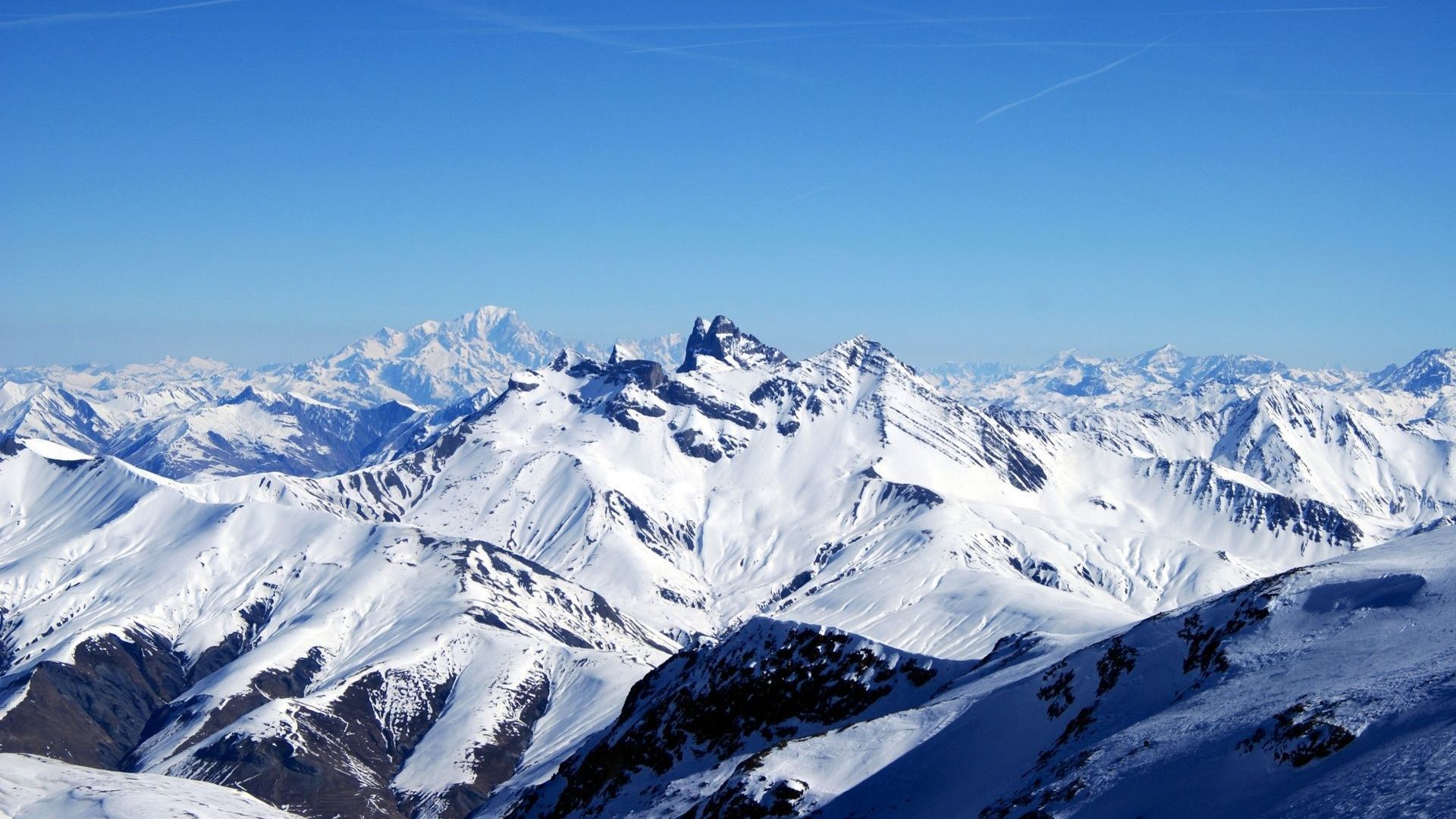 Alpen, Schneegipfel, Bergpanorama, Blauer Himmel, Winter, 1920x1080, PC-Hintergrundbild