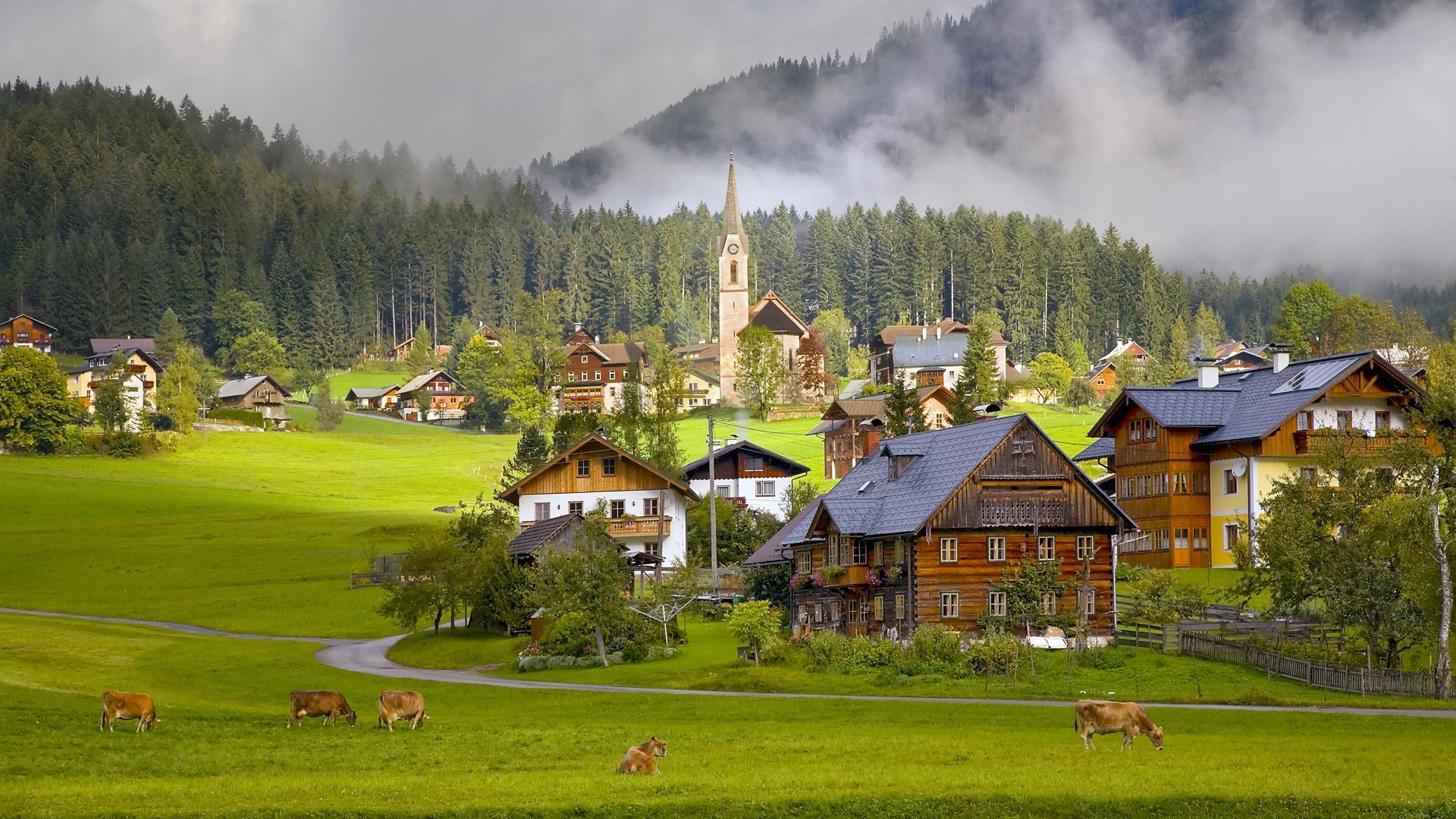Alpen, Bergdorf, Kirche, Holzhäuser, Kühe, Nebel, 16:9, Full-HD-Hintergrundbild für den Desktop