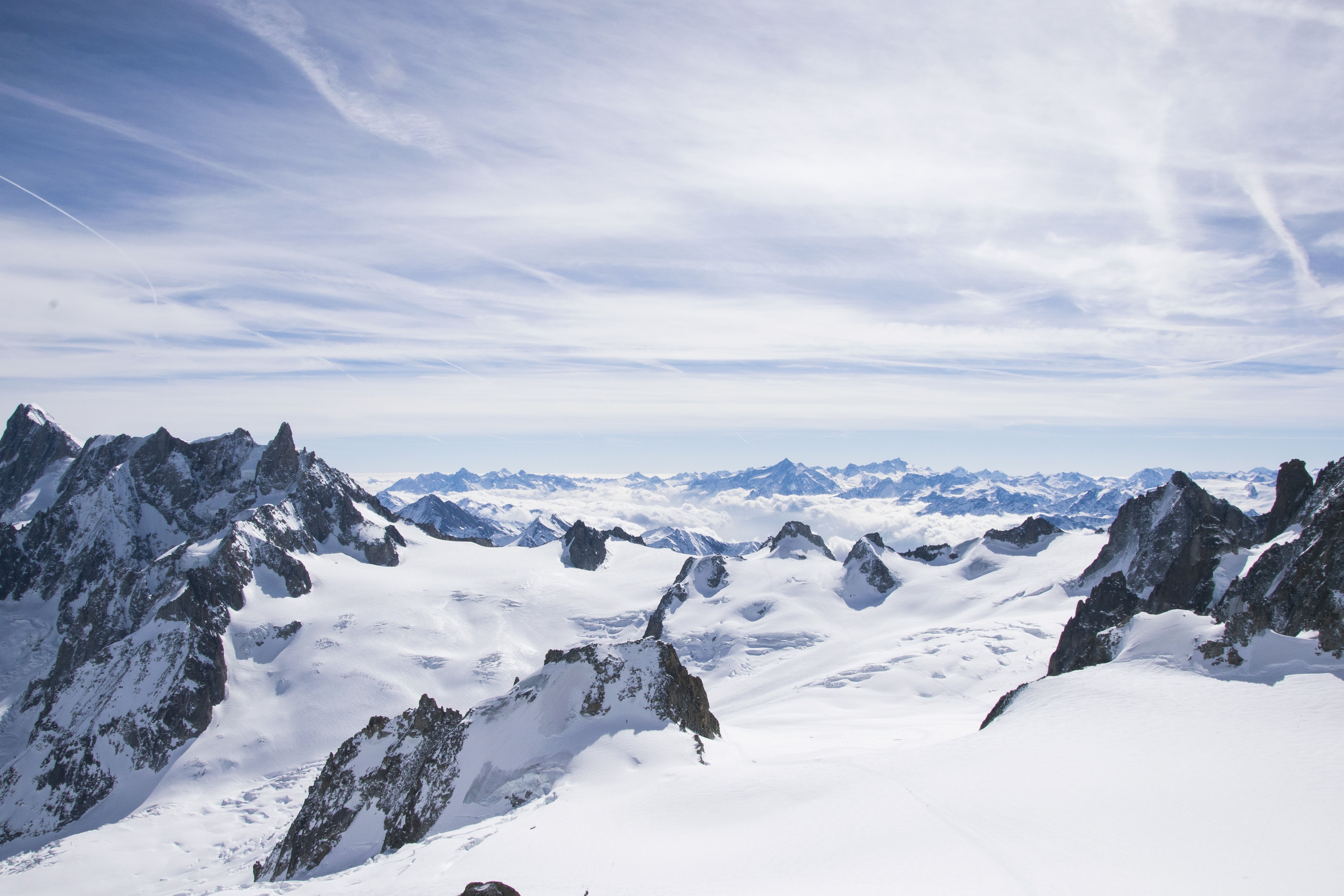 Alpen, Gletscher, Hochgebirge, Schneefeld, Felsnadeln, 6K, Hintergrundbild für den PC