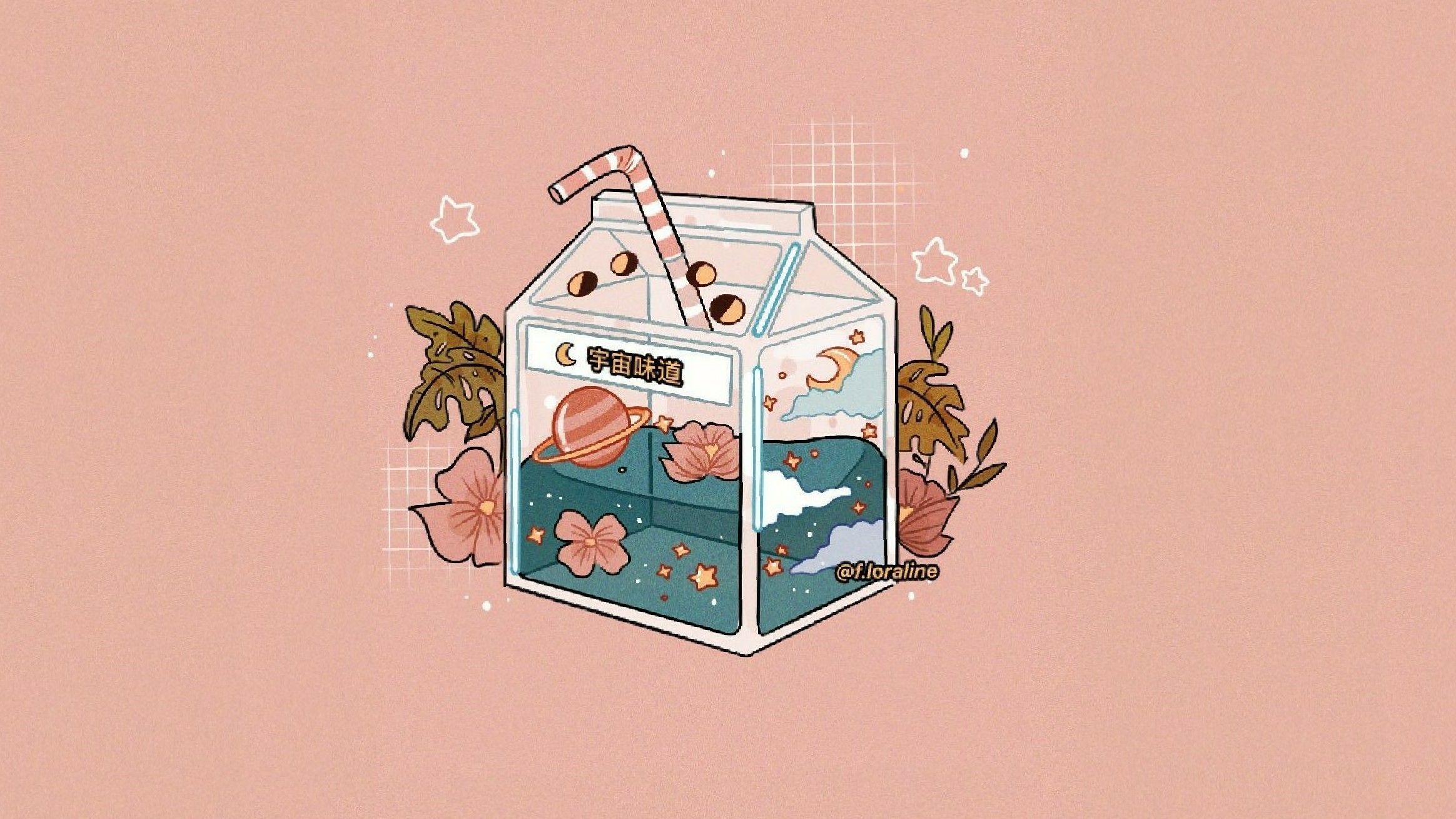 Milchkarton, Blumen, Illustration, Pfirsichfarbener Hintergrund, Kawaii, Full HD Wallpaper