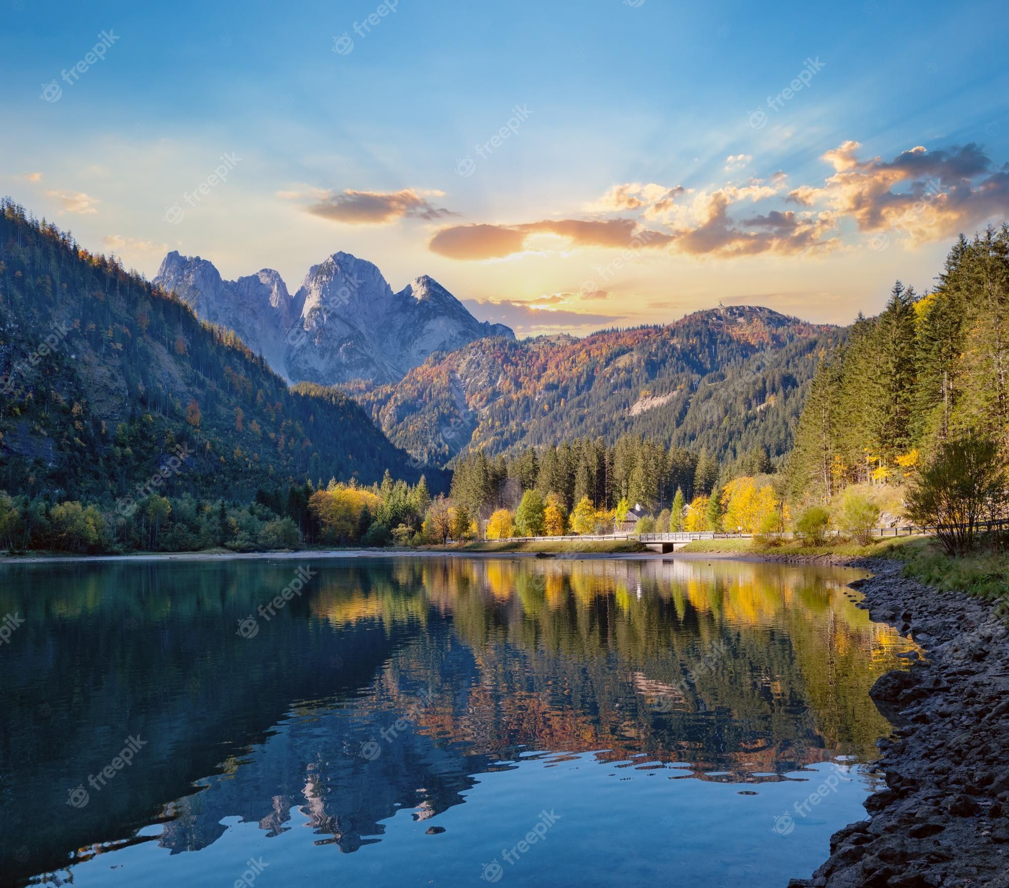 Gosausee, Dachstein, Salzkammergut, Spiegelung, Herbst, Sonnenuntergang, Full HD, iPad-Hintergrundbild