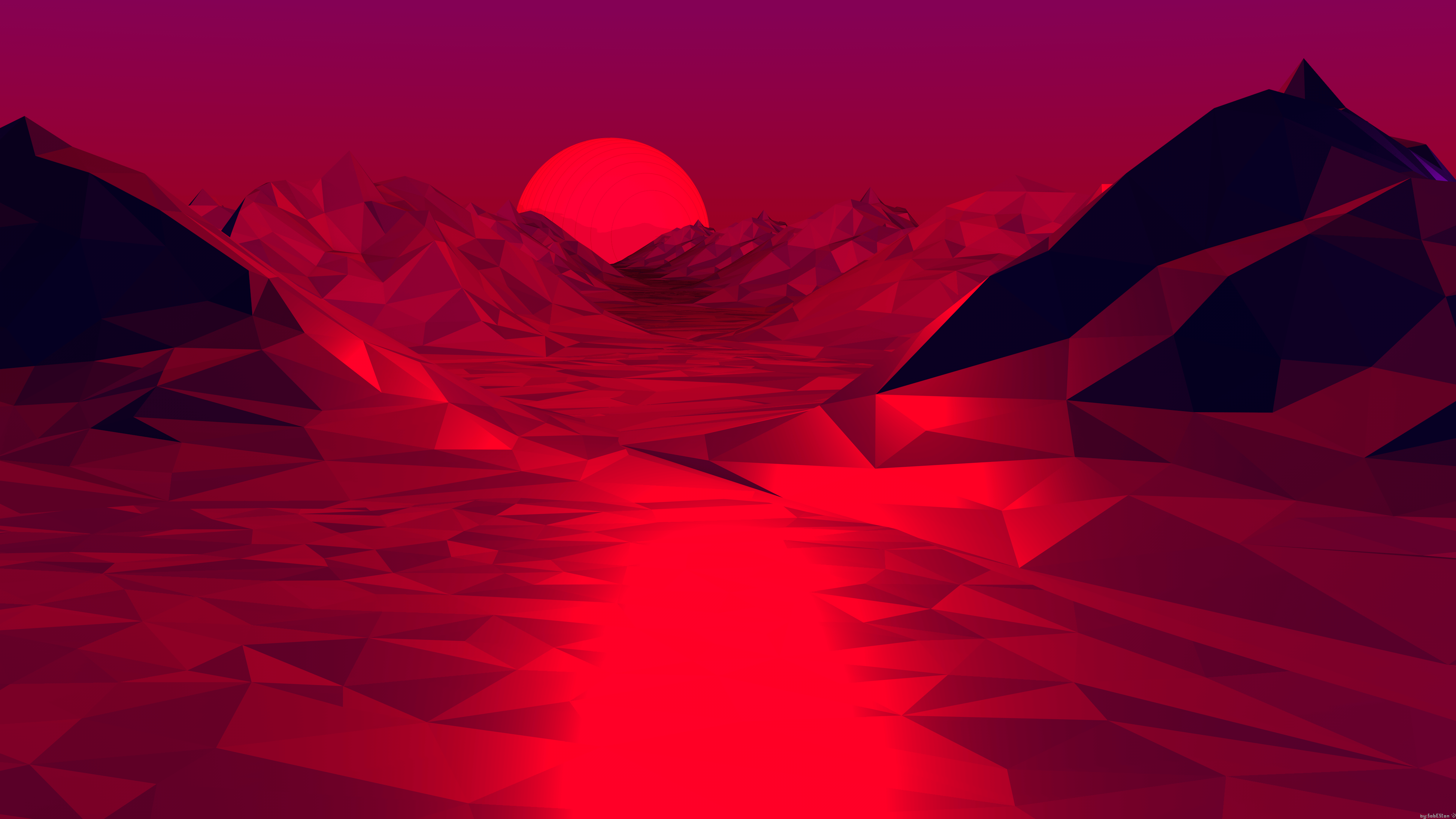 Low Poly, Berge, Rote Sonne, Rote Töne, Spiegelung, 3840x2160, 4K-Hintergrundbild für PC