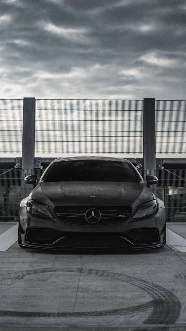 Mercedes-AMG, Mercedes-Benz, Schwarzes Auto, Frontansicht, Bewölkter Himmel, Monochrom, Smartphone-Hintergrund