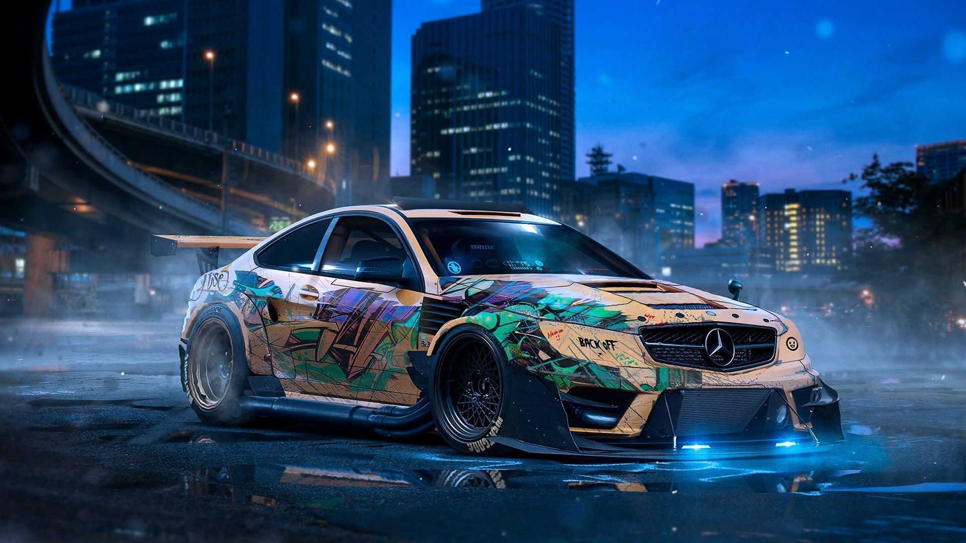 Mercedes-AMG C 63, Mercedes-AMG, Rennwagen, Folierung, Breitbau, Stadt, Nacht, Digitale Kunst, 1080p-Hintergrundbild