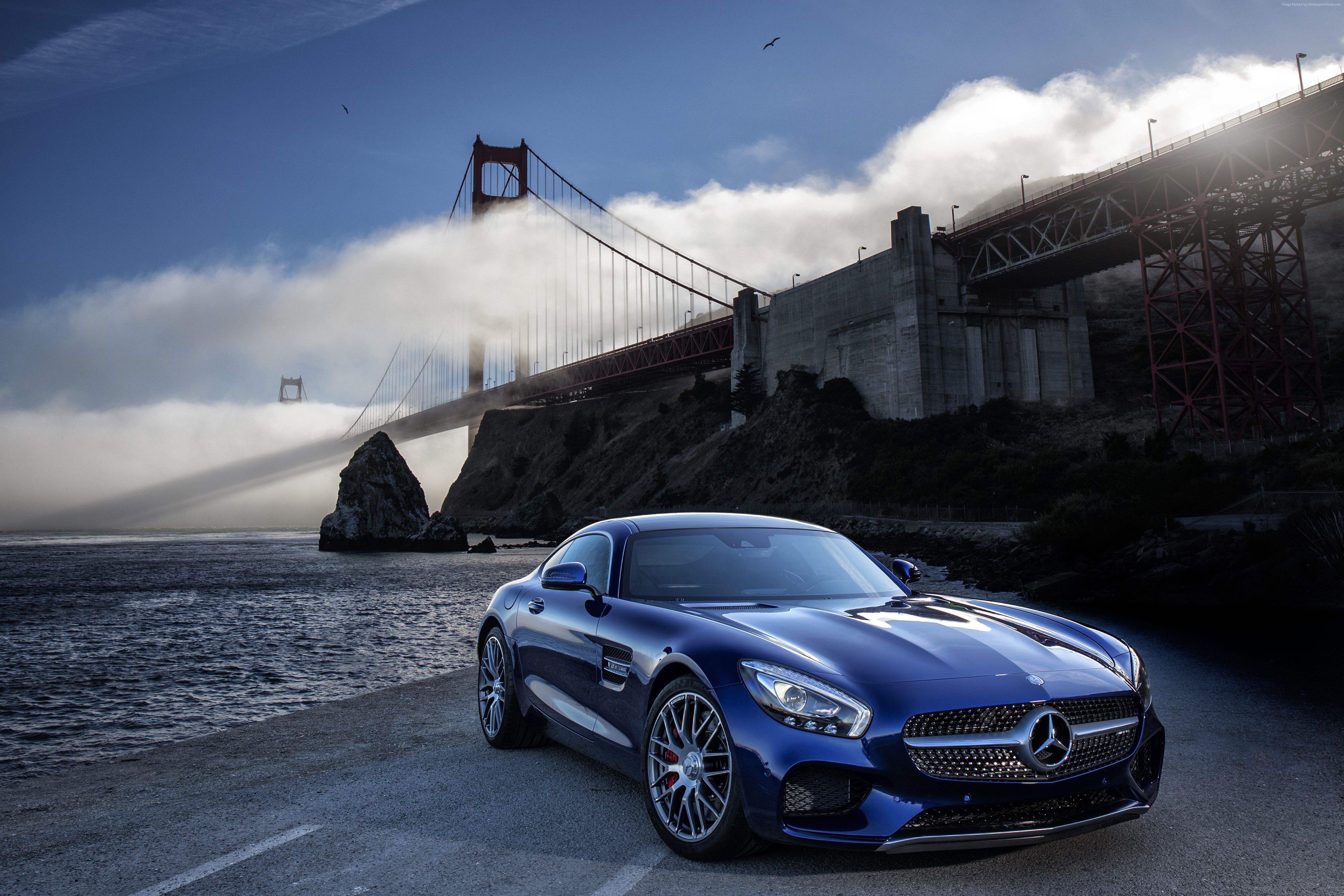 Mercedes-AMG GT, Golden Gate Bridge, San Francisco, Blaues Auto, Nebel, Sportwagen, 5K-Desktop-Hintergrund