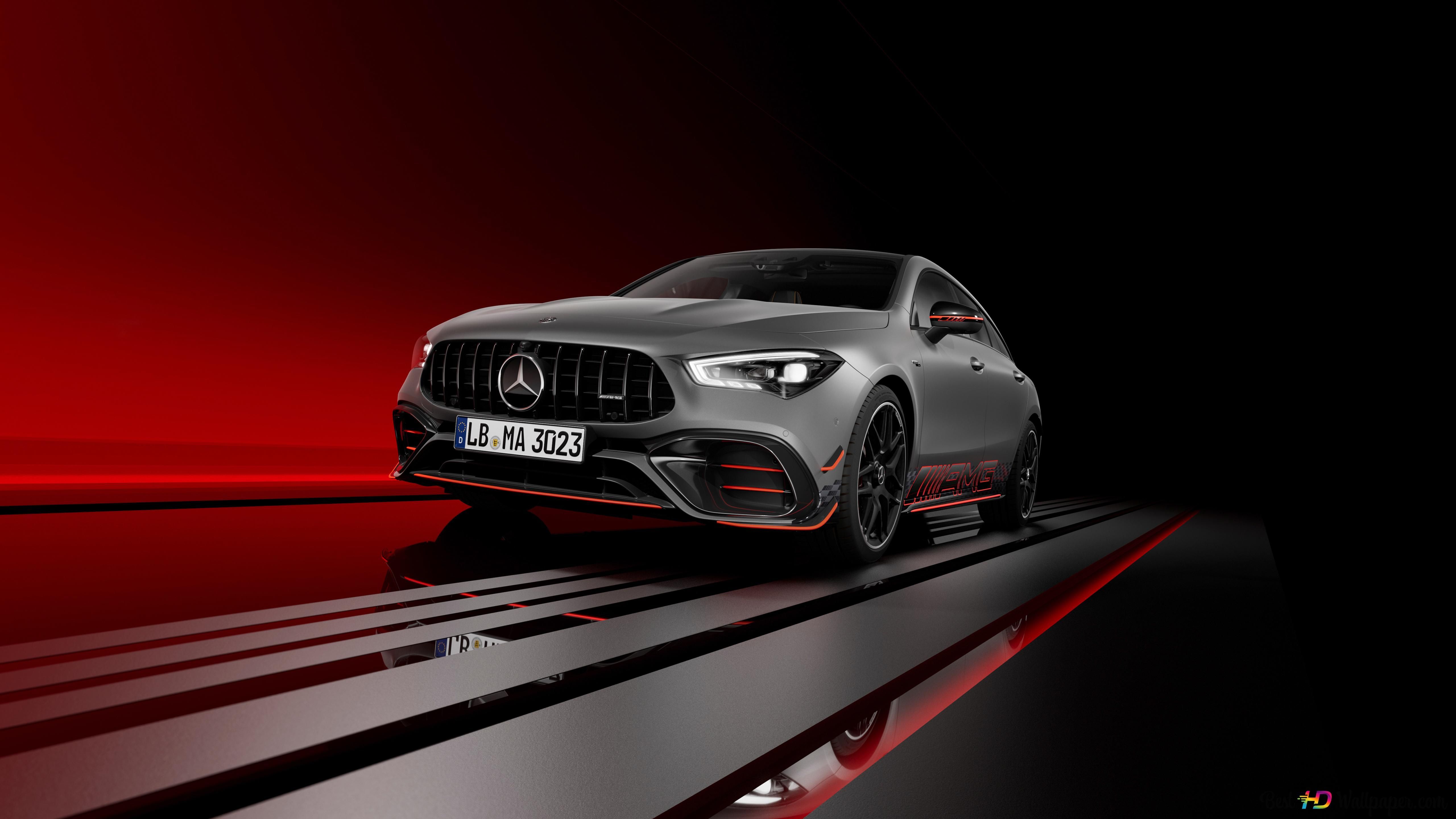 Mercedes-AMG A 45 S, Mercedes-AMG, Kompaktwagen, Graues Auto, Rotes Licht, Schwarzer Hintergrund, 5K Wallpaper