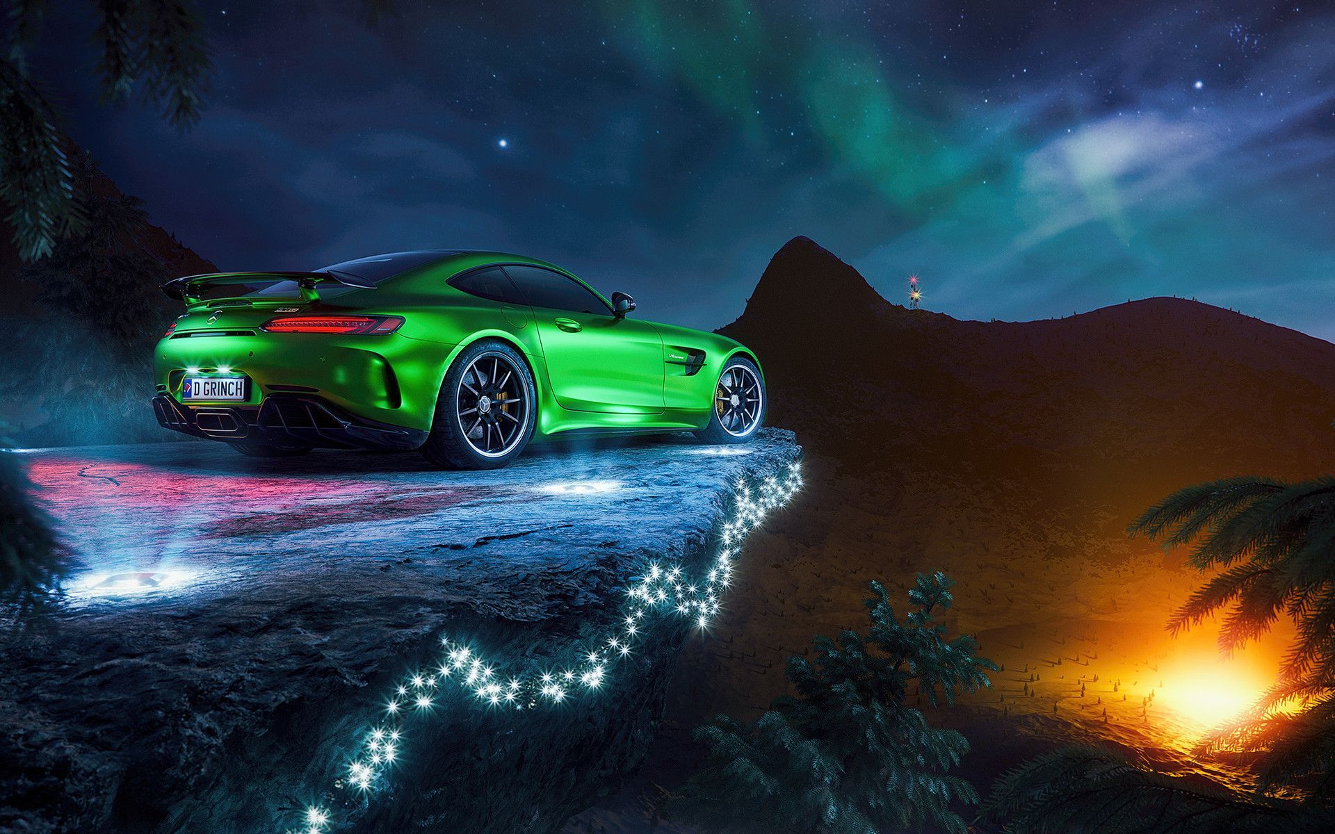 Mercedes-AMG GT R, Mercedes-AMG, Grünes Auto, Polarlicht, Lagerfeuer, Digitale Kunst, Full-HD-Hintergrundbild