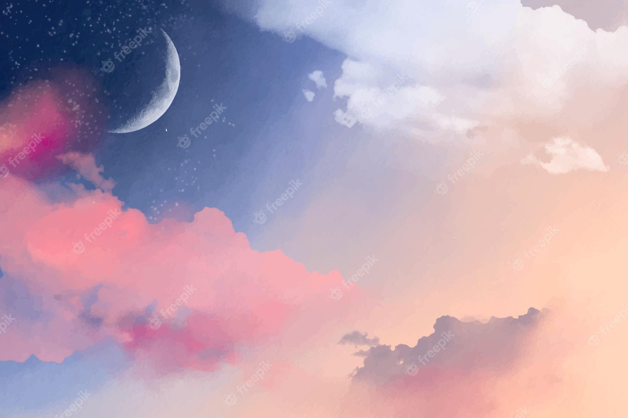 Wolken, Mondsichel, Rosa Himmel, Digitale Malerei, Full HD, Desktop-Hintergrund für Windows