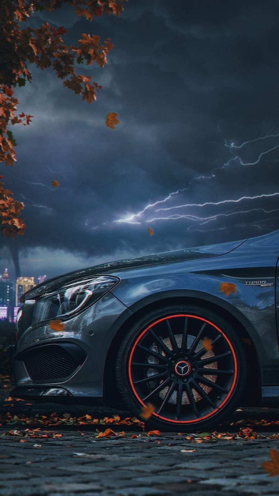 Mercedes-AMG, Felge, Nahaufnahme, Gewitterhimmel, Herbstlaub, HD, Handy-Hintergrundbild