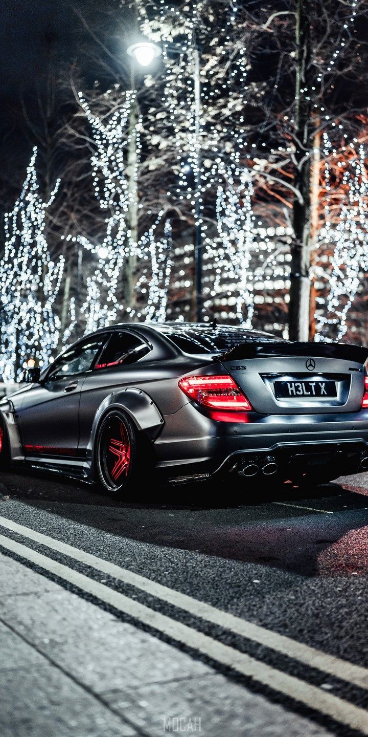 Mercedes-AMG, Mercedes-Benz, Lichterbäume, Nacht, Winter, HD, iPhone-Hintergrundbild