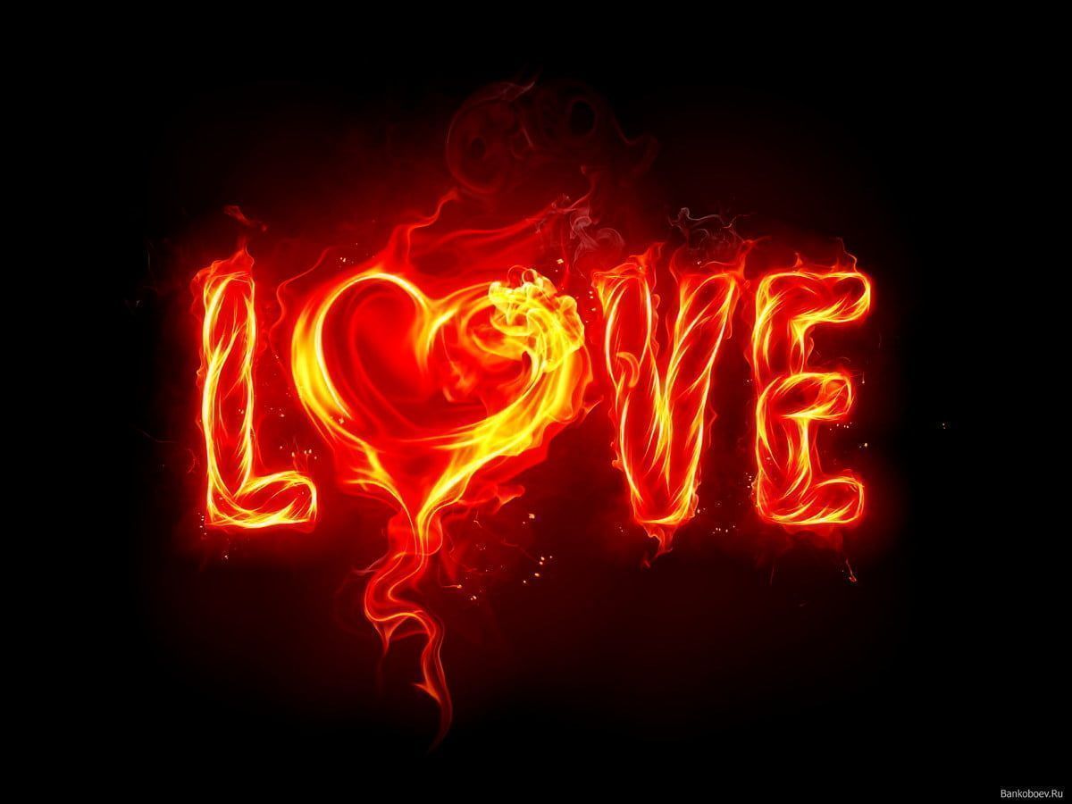 Love, Feuerschrift, Herz, Flammen, Schwarzer Hintergrund, Wallpaper