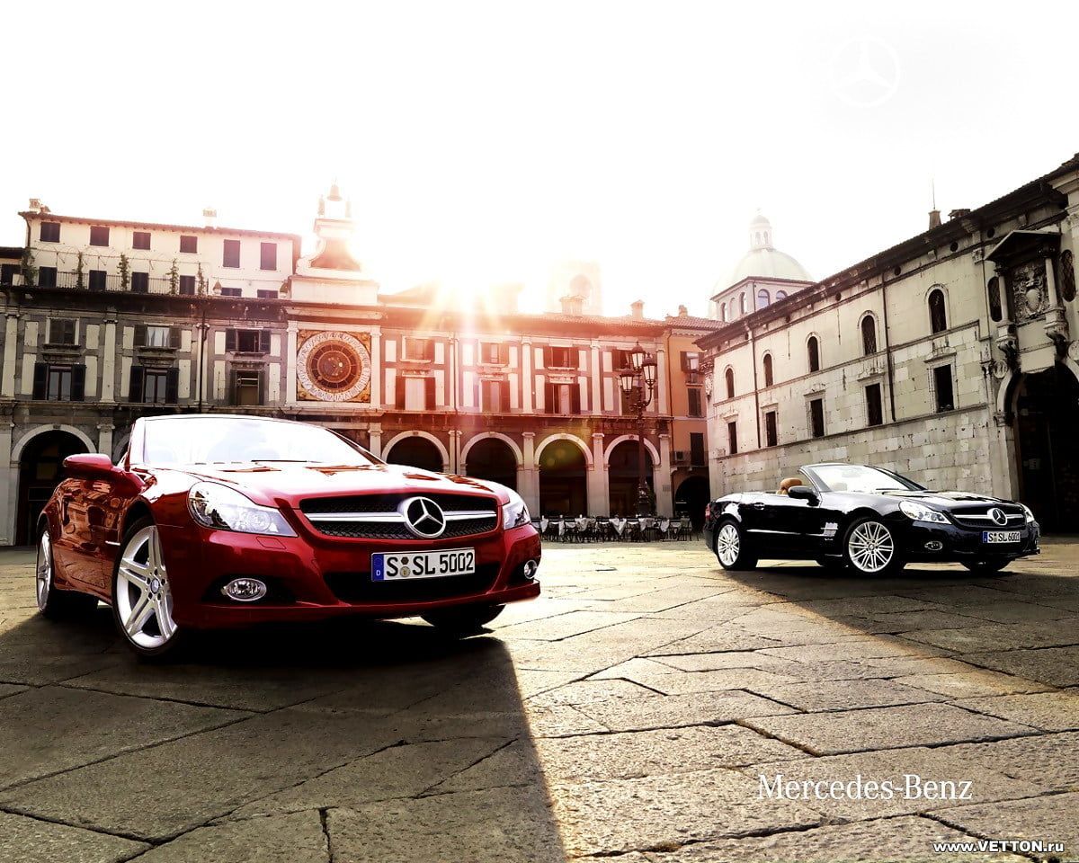 Mercedes-Benz SL, Mercedes-Benz, Roadster, Rotes Auto, Platz, Gegenlicht, Hintergrund