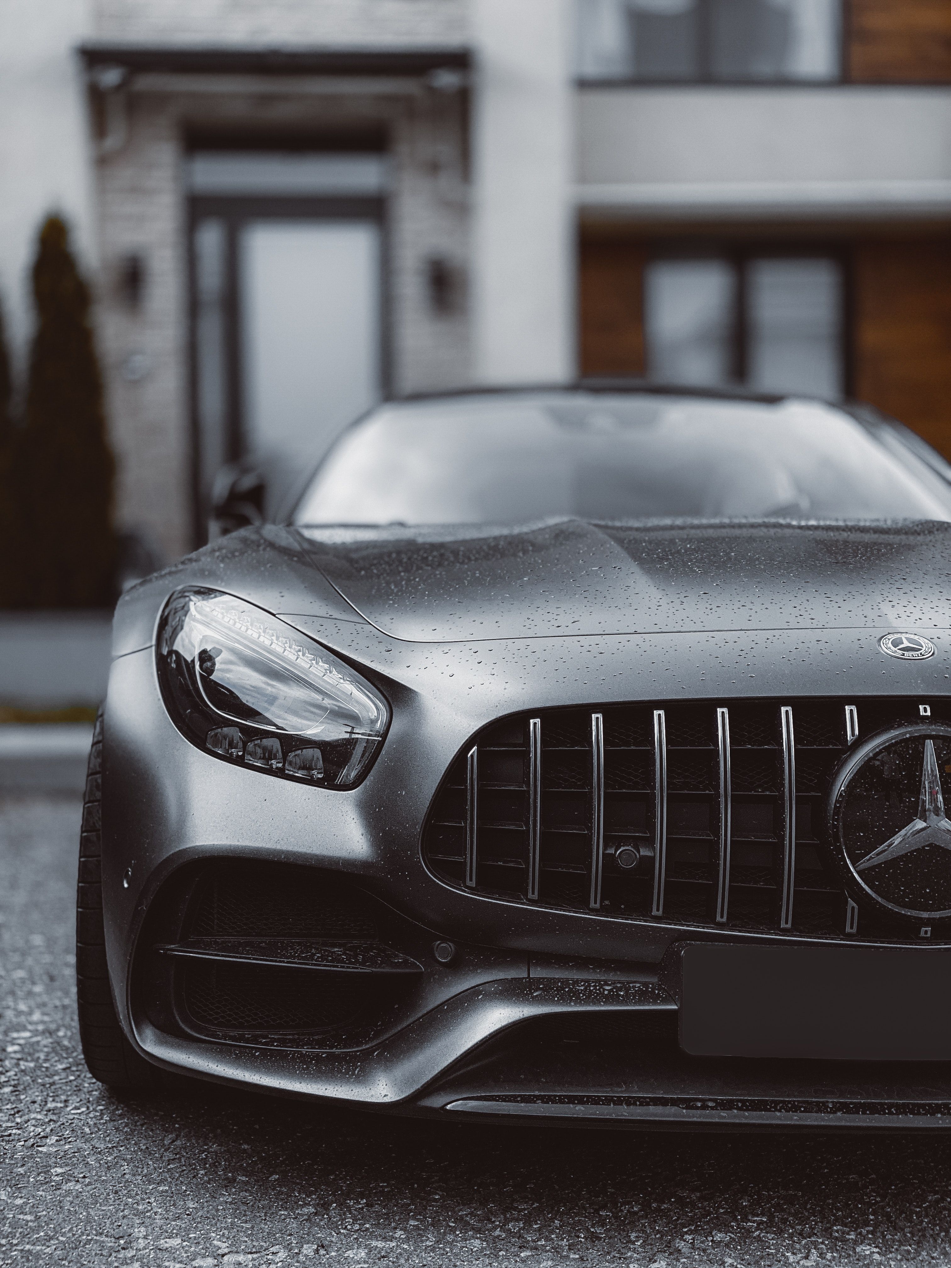 Mercedes-AMG GT, Mercedes-AMG, Graues Auto, Kühlergrill, Frontansicht, Hintergrundbild fürs iPad
