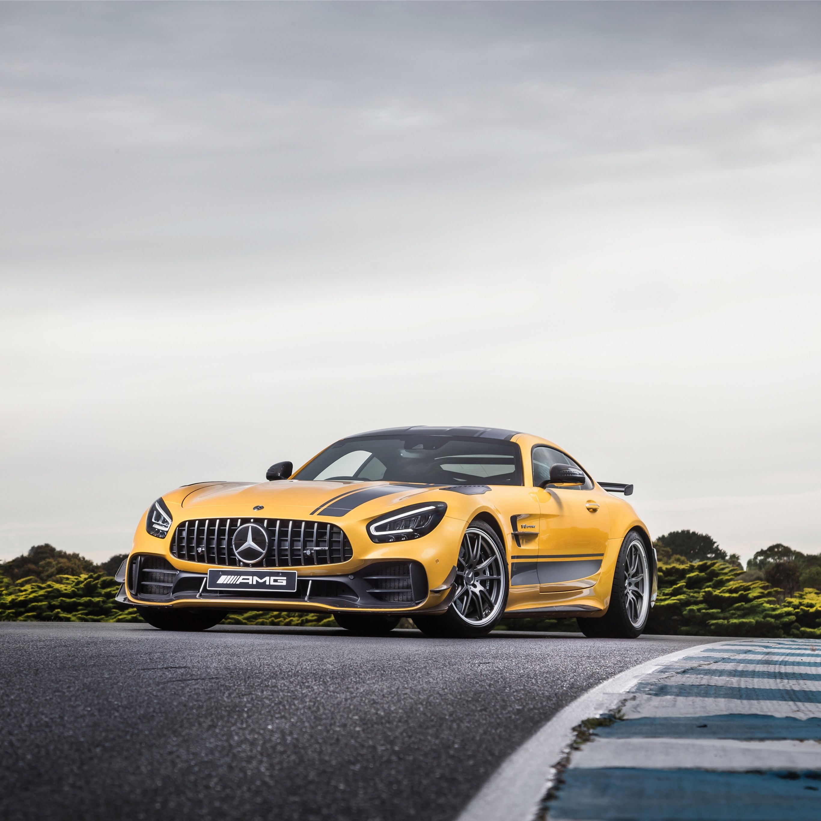 Mercedes-AMG GT R, Mercedes-AMG, Gelbes Auto, Rennstrecke, Sportwagen, 2K, iPad-Hintergrundbild