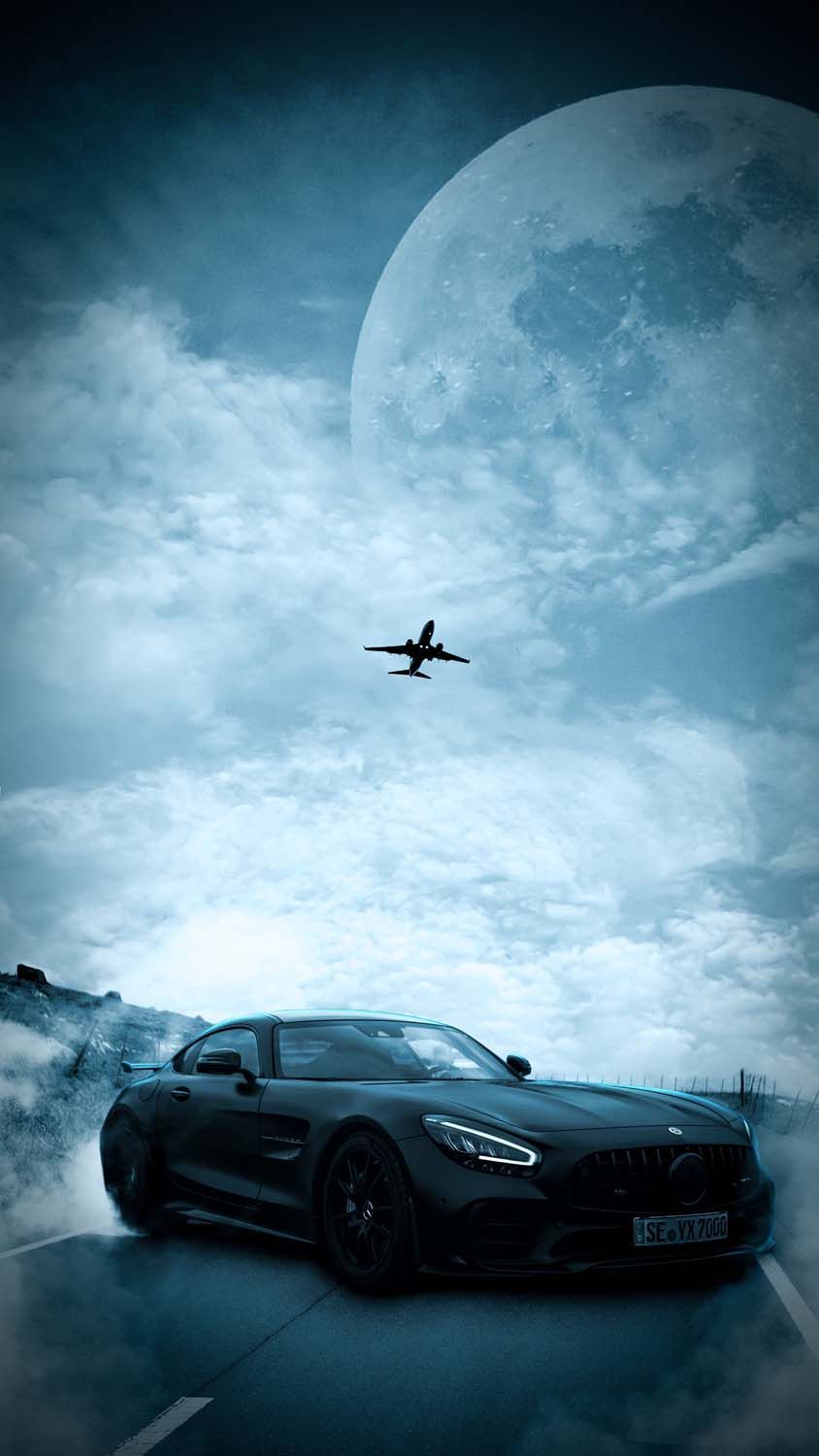 Mercedes-AMG GT, Mercedes-AMG, Mond, Flugzeug, Wolken, Fotomontage, Hintergrundbild fürs Handy