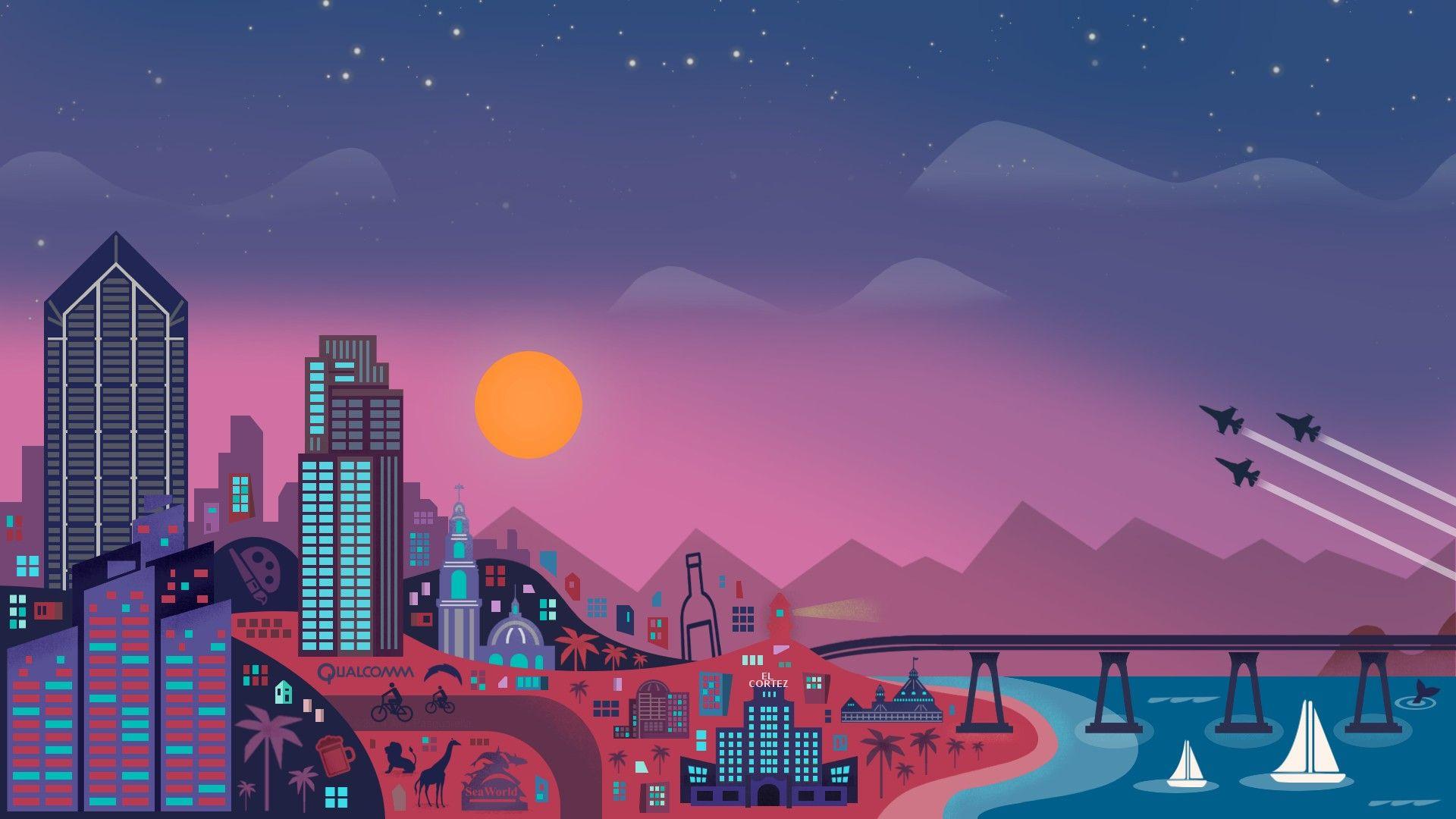 Stadt, Illustration, Sonnenuntergang, Brücke, Flugzeuge, Flat Design, Full HD, Breitbild-Hintergrundbild