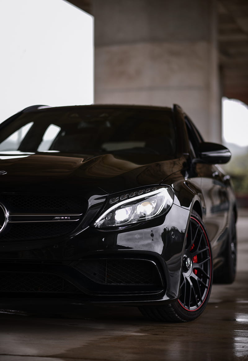 Mercedes-AMG, Mercedes-Benz, Schwarzes Auto, Scheinwerfer, Brücke, Hintergrundbild fürs iPad