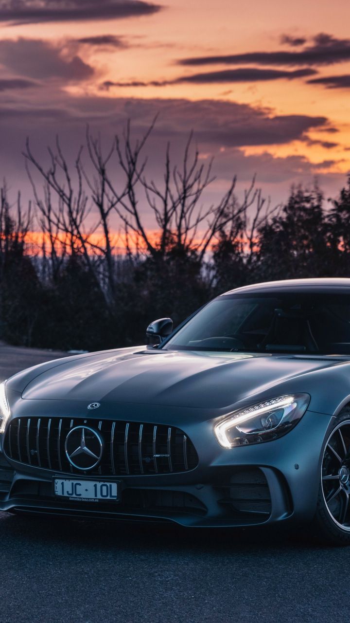 Mercedes-AMG GT, Mercedes-AMG, Graues Auto, Abendrot, Bäume, HD, iPhone-Hintergrundbild