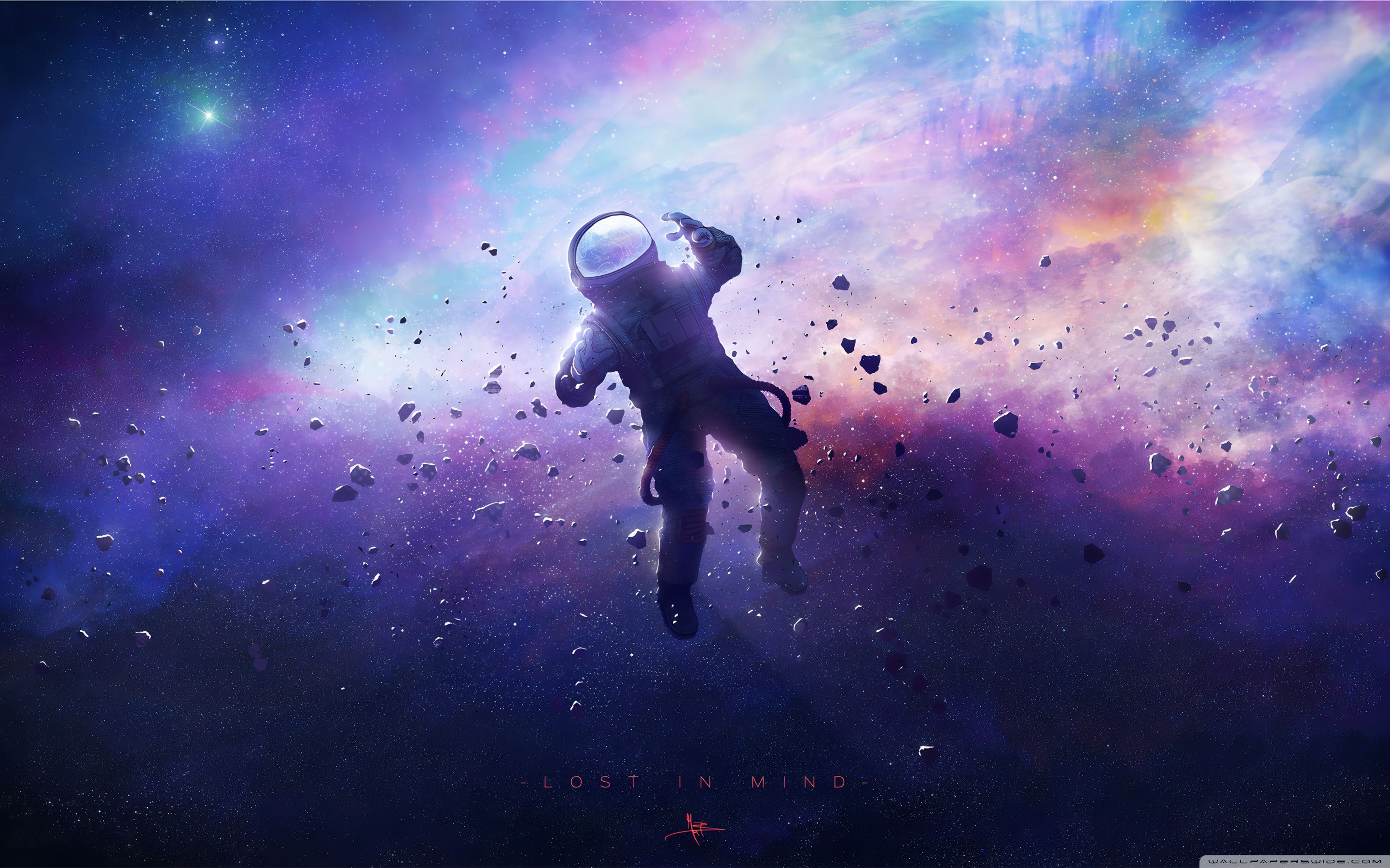 Astronaut, Weltraum, Nebel, Asteroiden, Galaxie, 2K, Desktop-Hintergrund für Windows