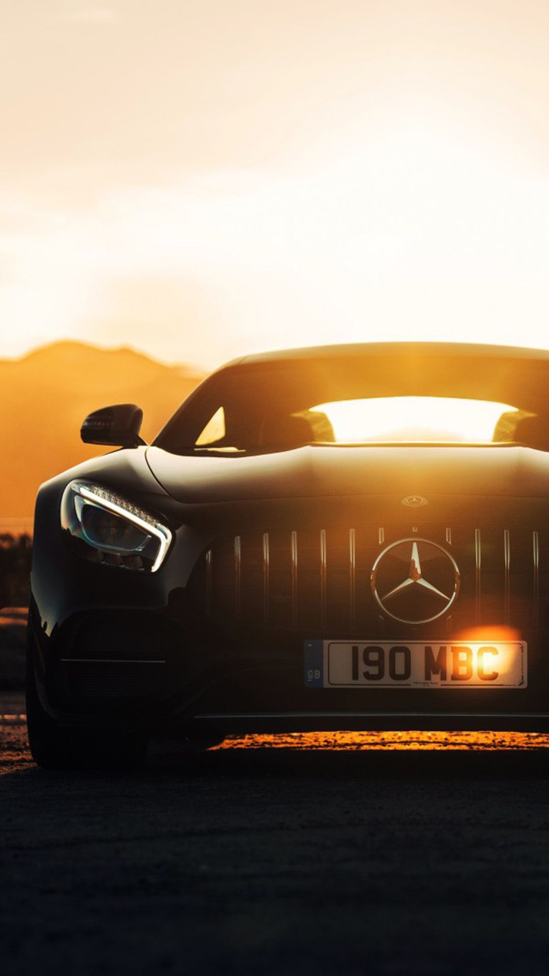 Mercedes-AMG GT, Mercedes-AMG, Sonnenuntergang, Gegenlicht, Frontansicht, Full HD, iPhone-Hintergrundbild
