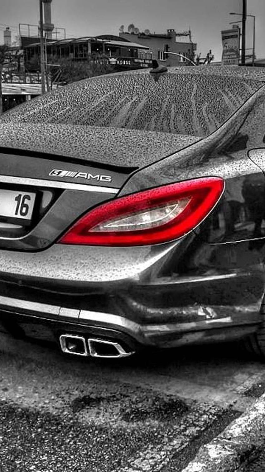 Mercedes-Benz CLS 63 AMG, Mercedes-Benz, Rücklicht, Auspuff, Schwarz-Weiß, HD, Handy-Hintergrundbild
