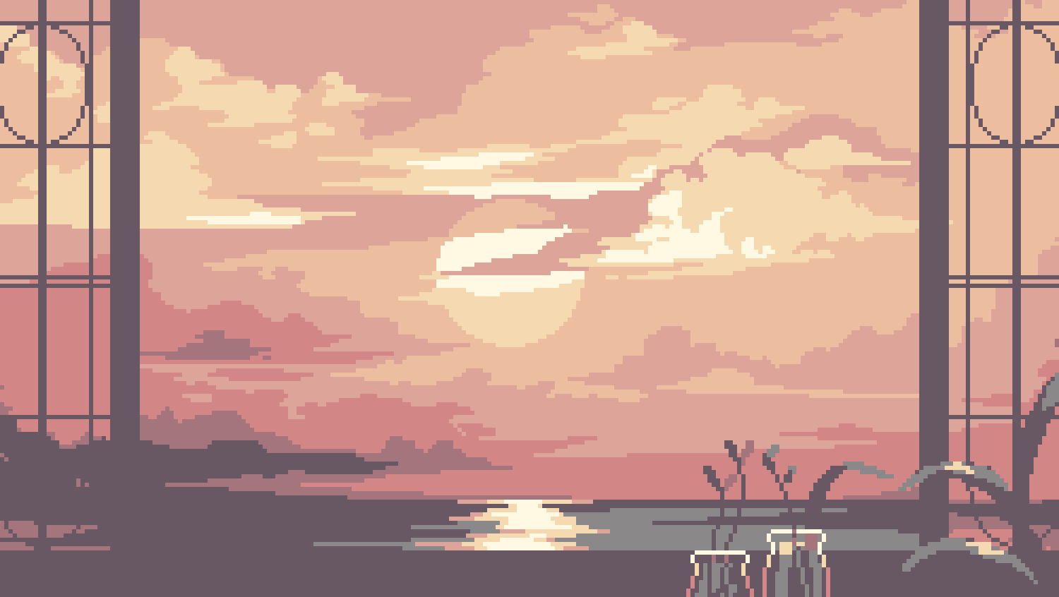 Pixel-Art, Sonnenuntergang, Fenster, Meer, Wolken, HD, Hintergrundbild für den PC