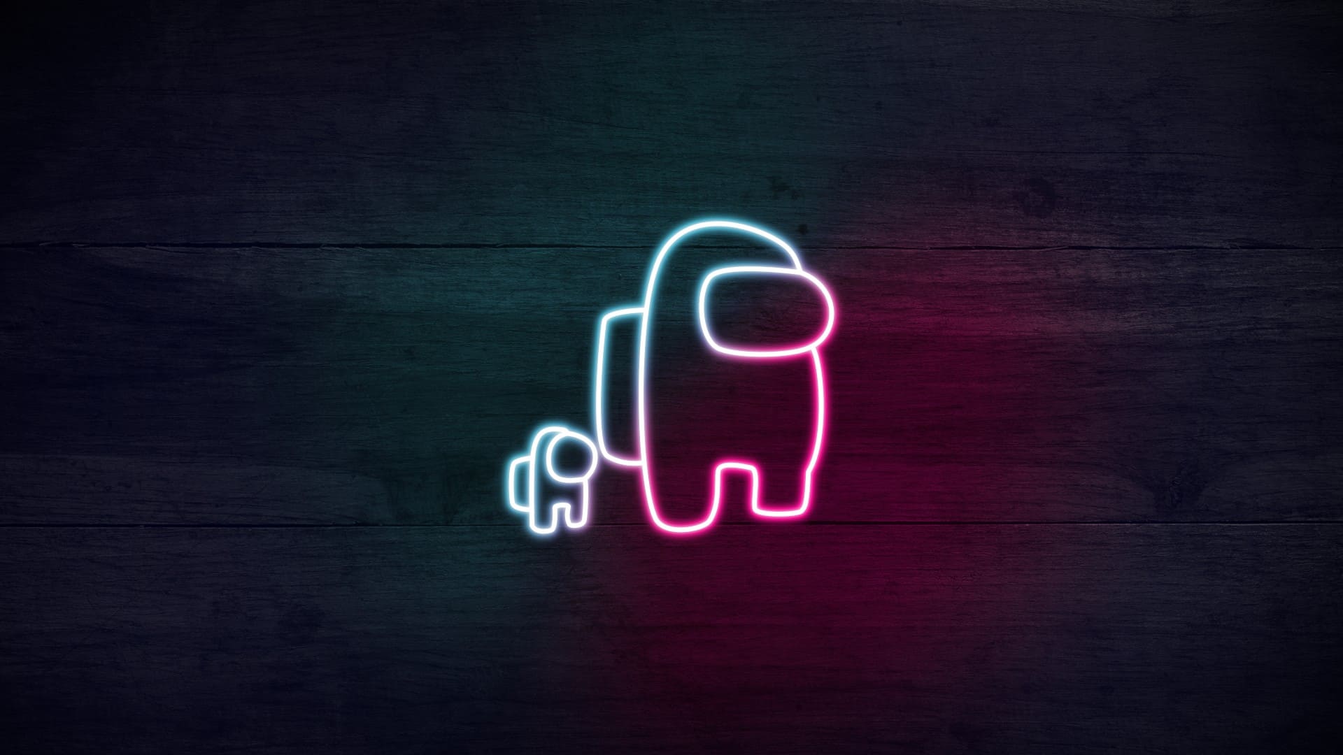 Among Us, Crewmate, Mini-Crewmate, Neonlicht, Holzwand, Dunkel, Full HD, Breitbild-Hintergrundbild