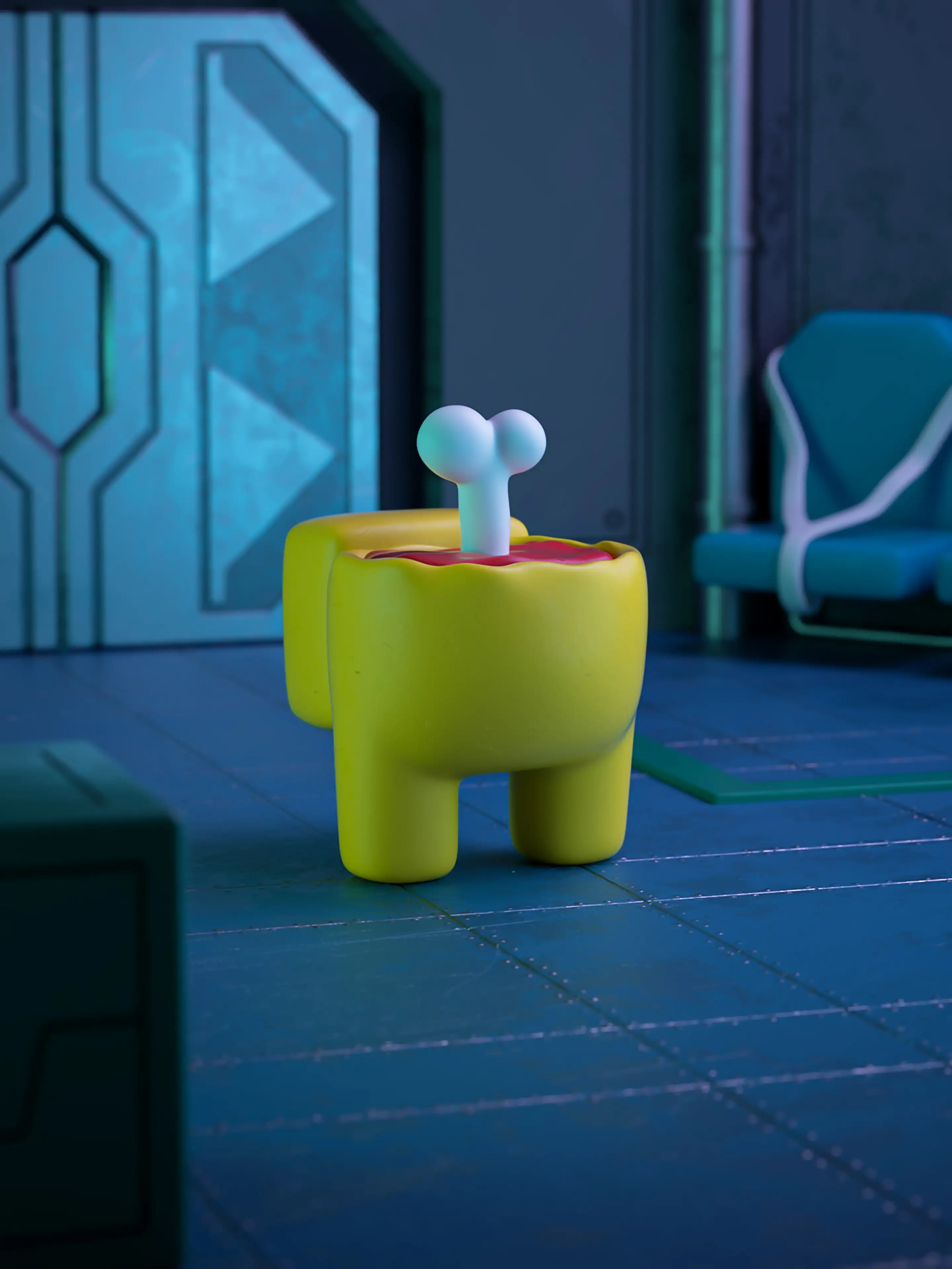 Among Us, Gelber Crewmate, Knochen, Raumschiff, 3D-Rendering, Hintergrundbild fürs Tablet