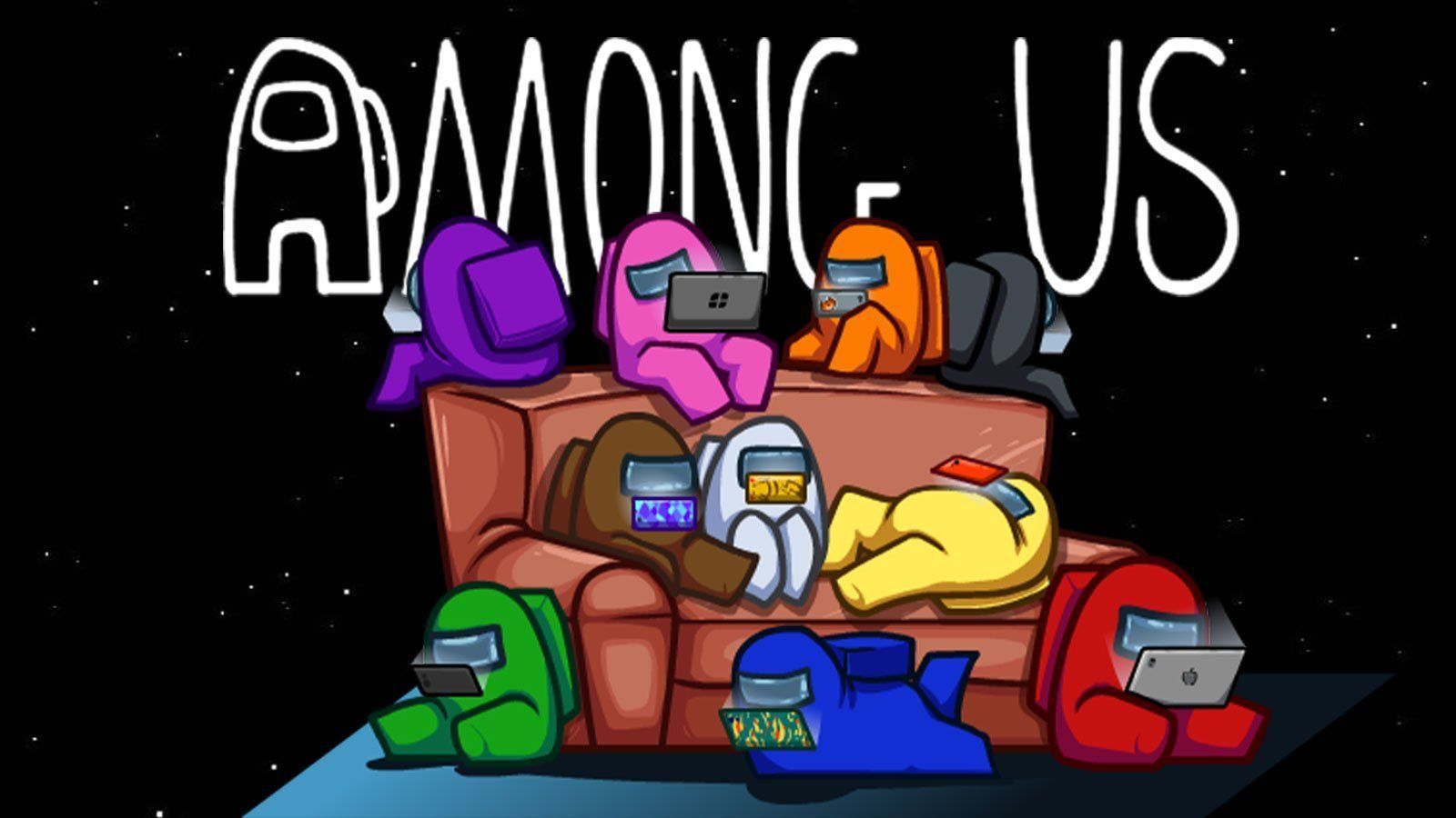Among Us, Crewmates, Sofa, Videospiel, Schriftzug, Schwarzer Hintergrund, HD Wallpaper