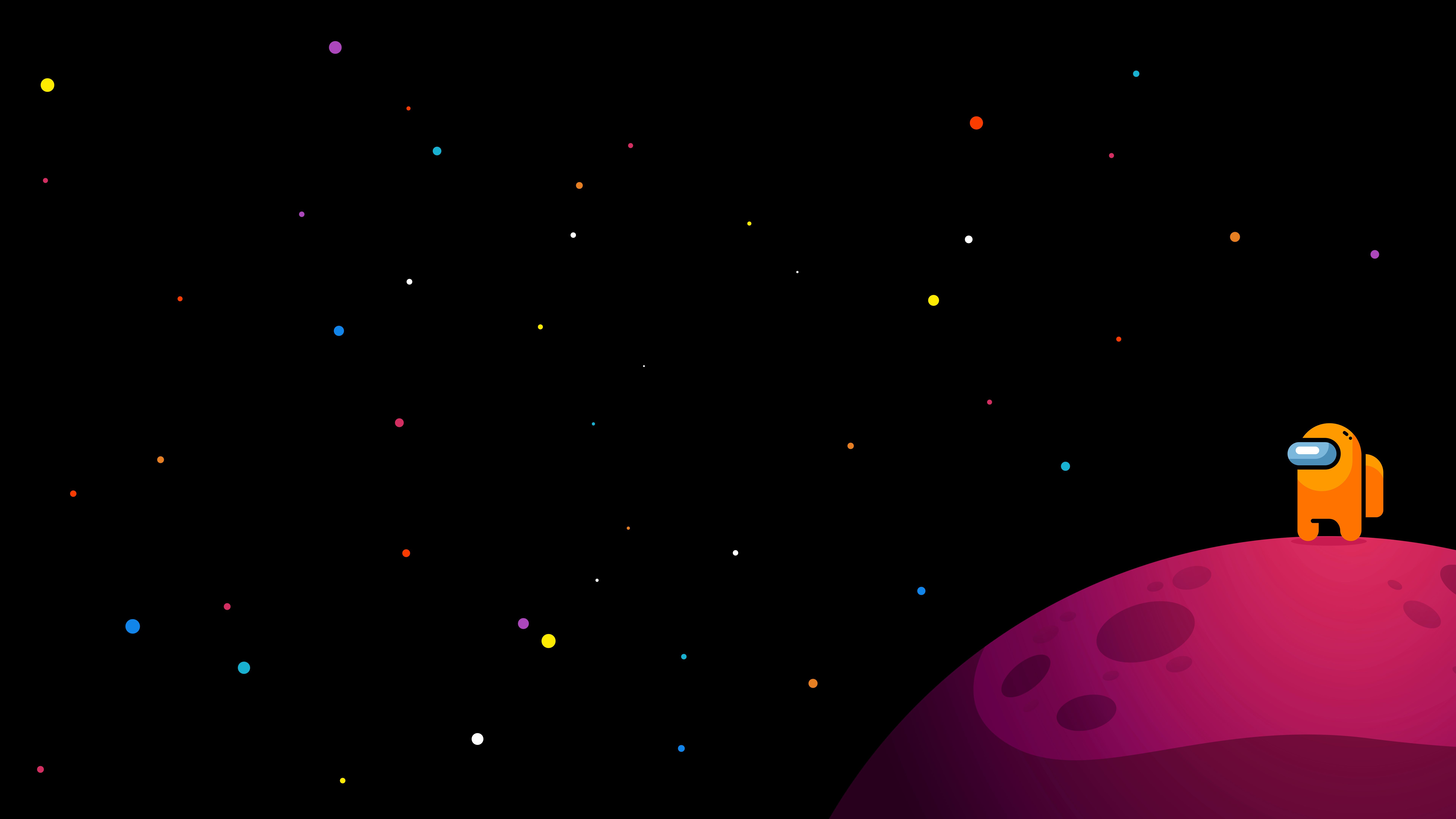 Among Us, Oranger Crewmate, Planet, Weltraum, Sterne, 16:9, 8K-Hintergrundbild für den Desktop