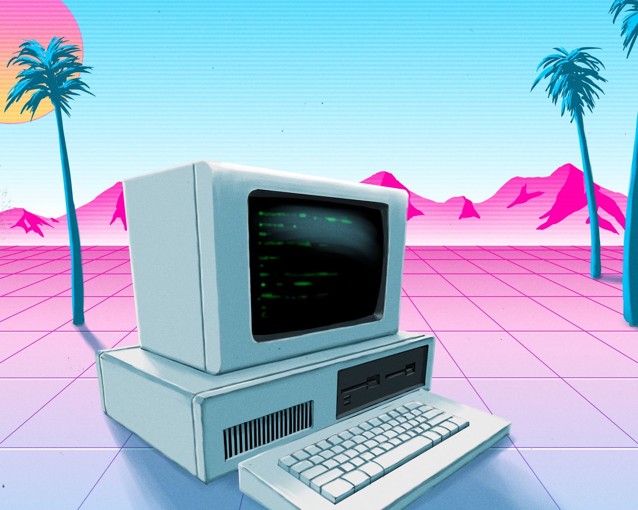 Vaporwave, Retro-Computer, Palmen, Rosa Gitter, 80er, HD, Desktop-Hintergrund für Windows
